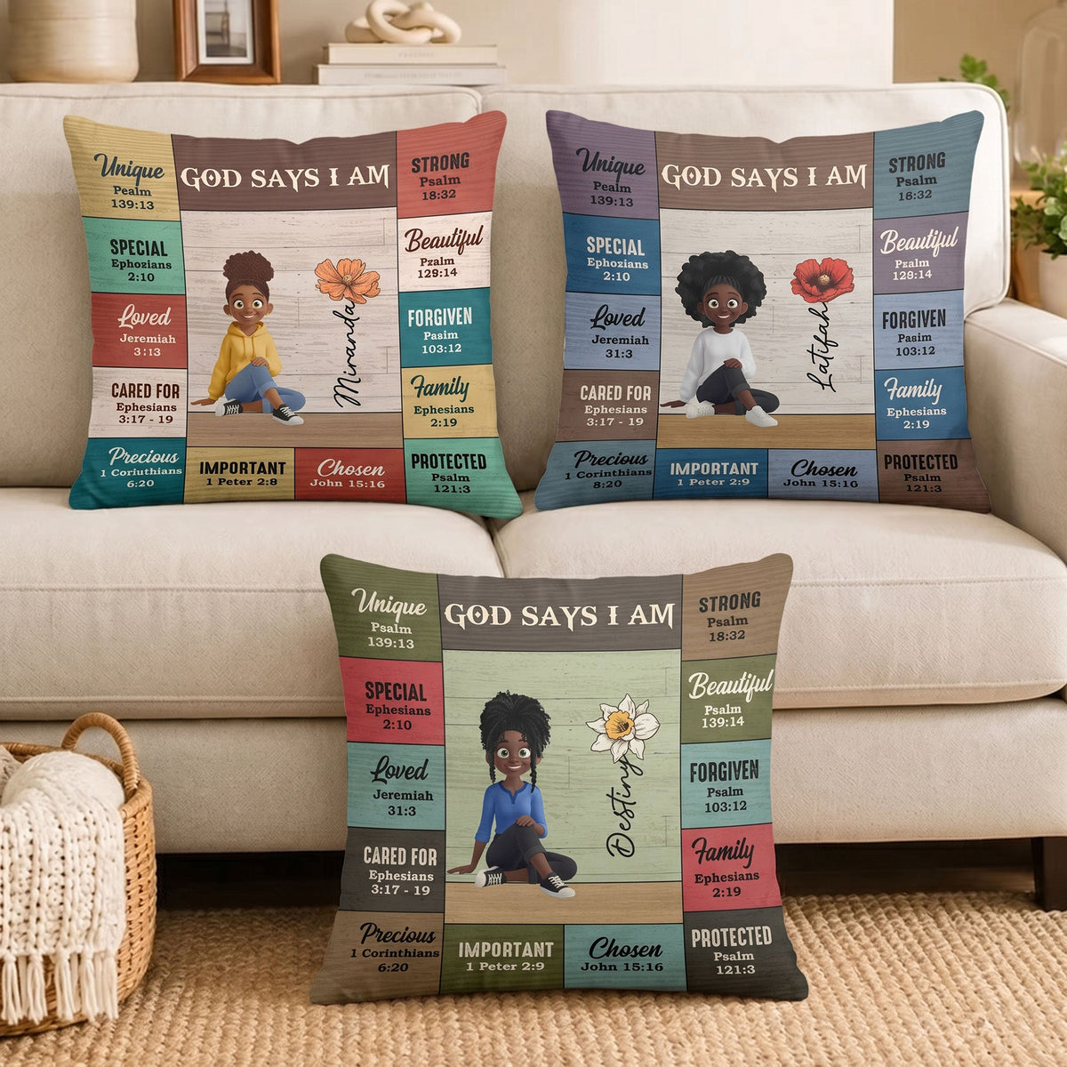 God Says I Am Custom Birth Flower, Name & Character Bible Verses - Personalized Pillow