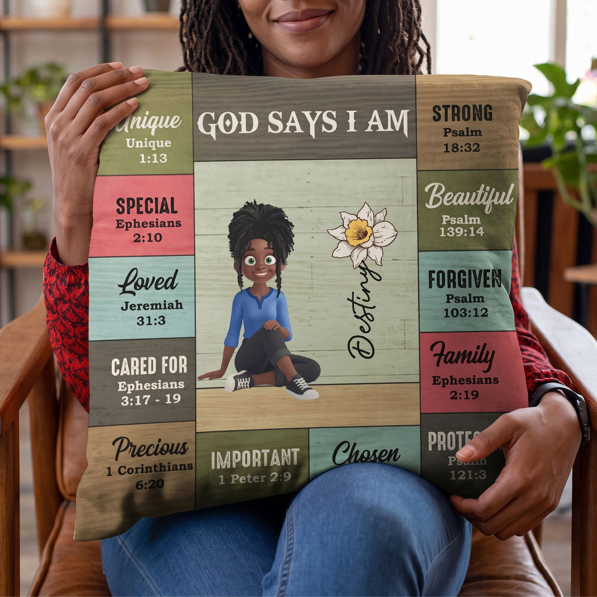 God Says I Am Custom Birth Flower, Name & Character Bible Verses - Personalized Pillow