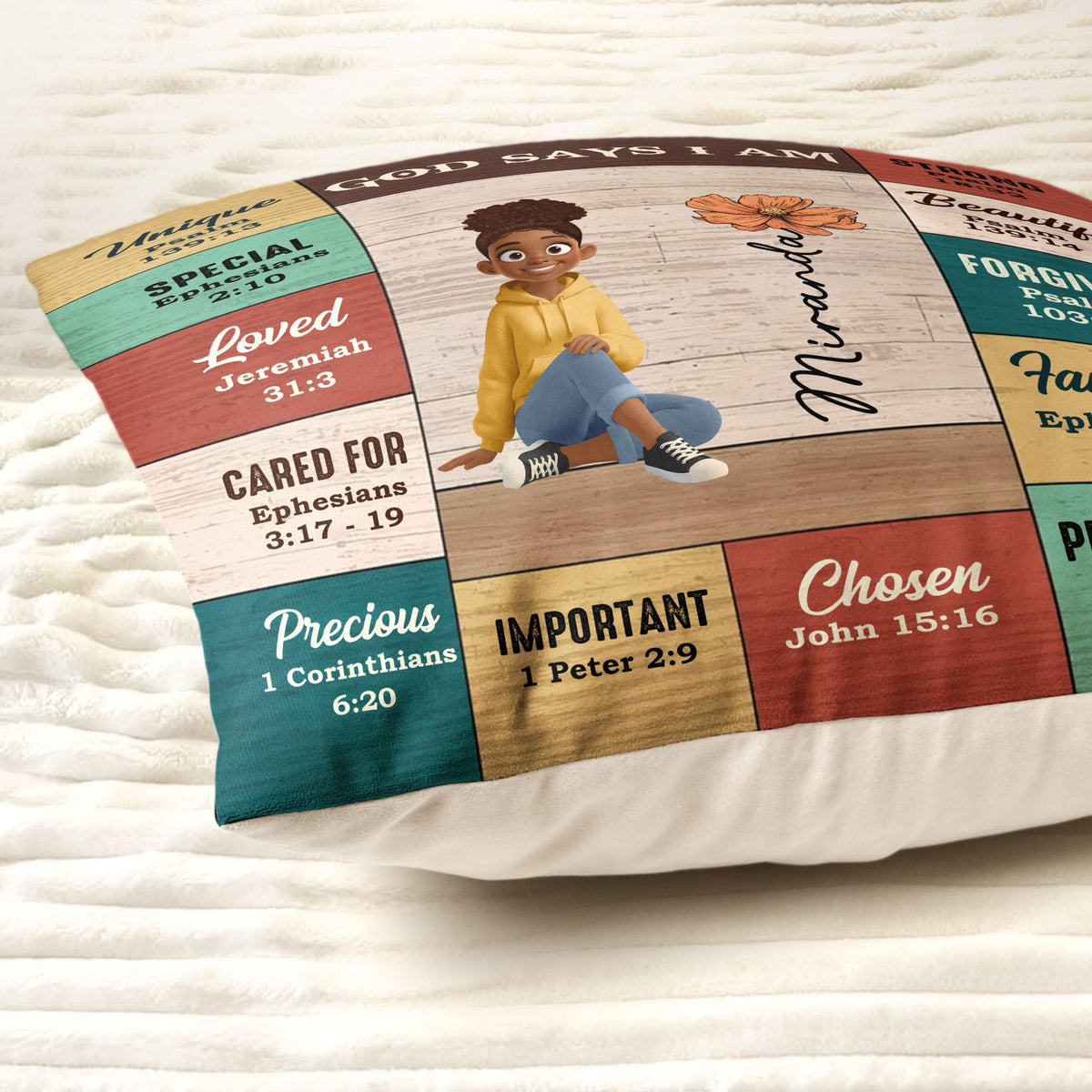 God Says I Am Custom Birth Flower, Name & Character Bible Verses - Personalized Pillow