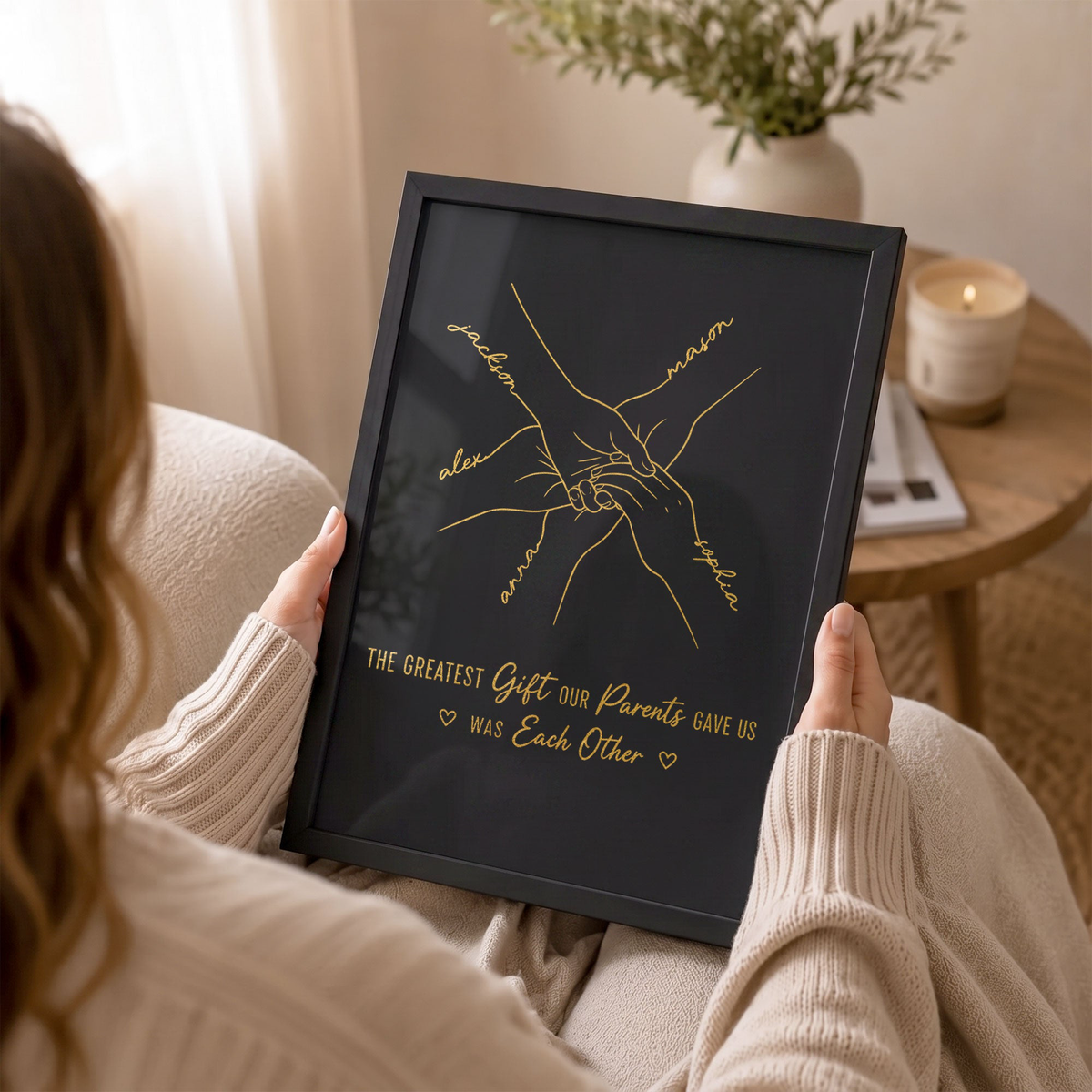 Hands Print Line Art Custom Name Gift For Sibling - Personalized Poster