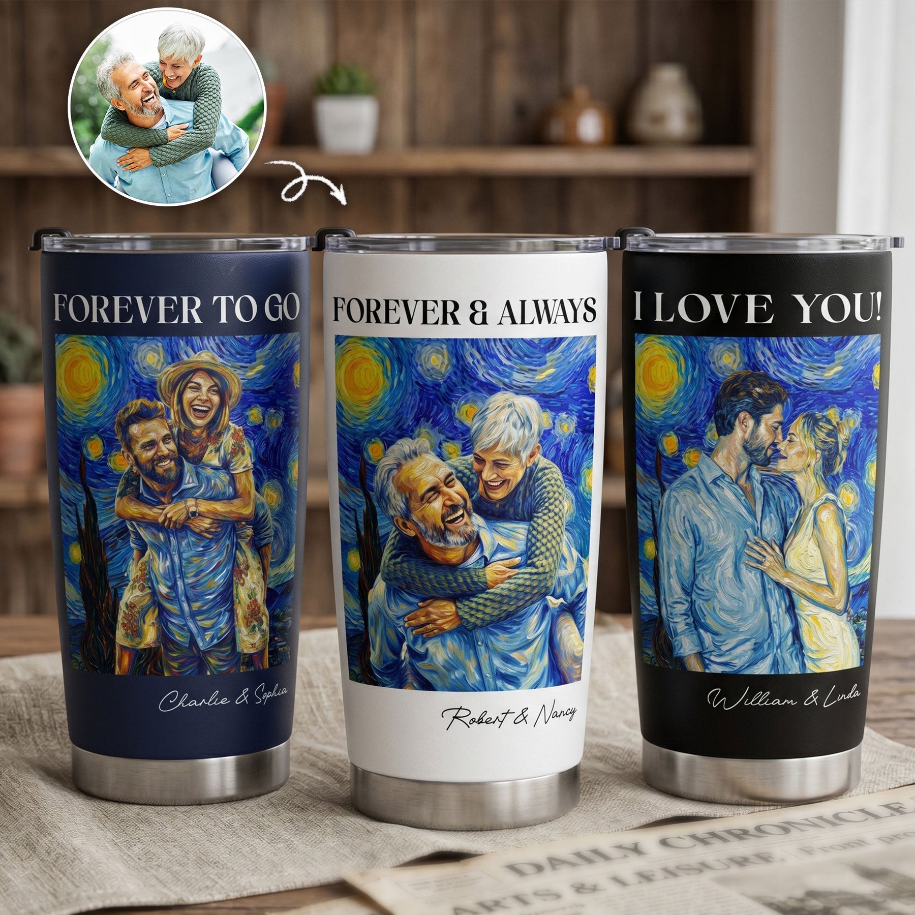 Couple Photo Van Gogh Art Forever & Always Anniversary Gift For Him, Her - Personalized Tumbler Cup