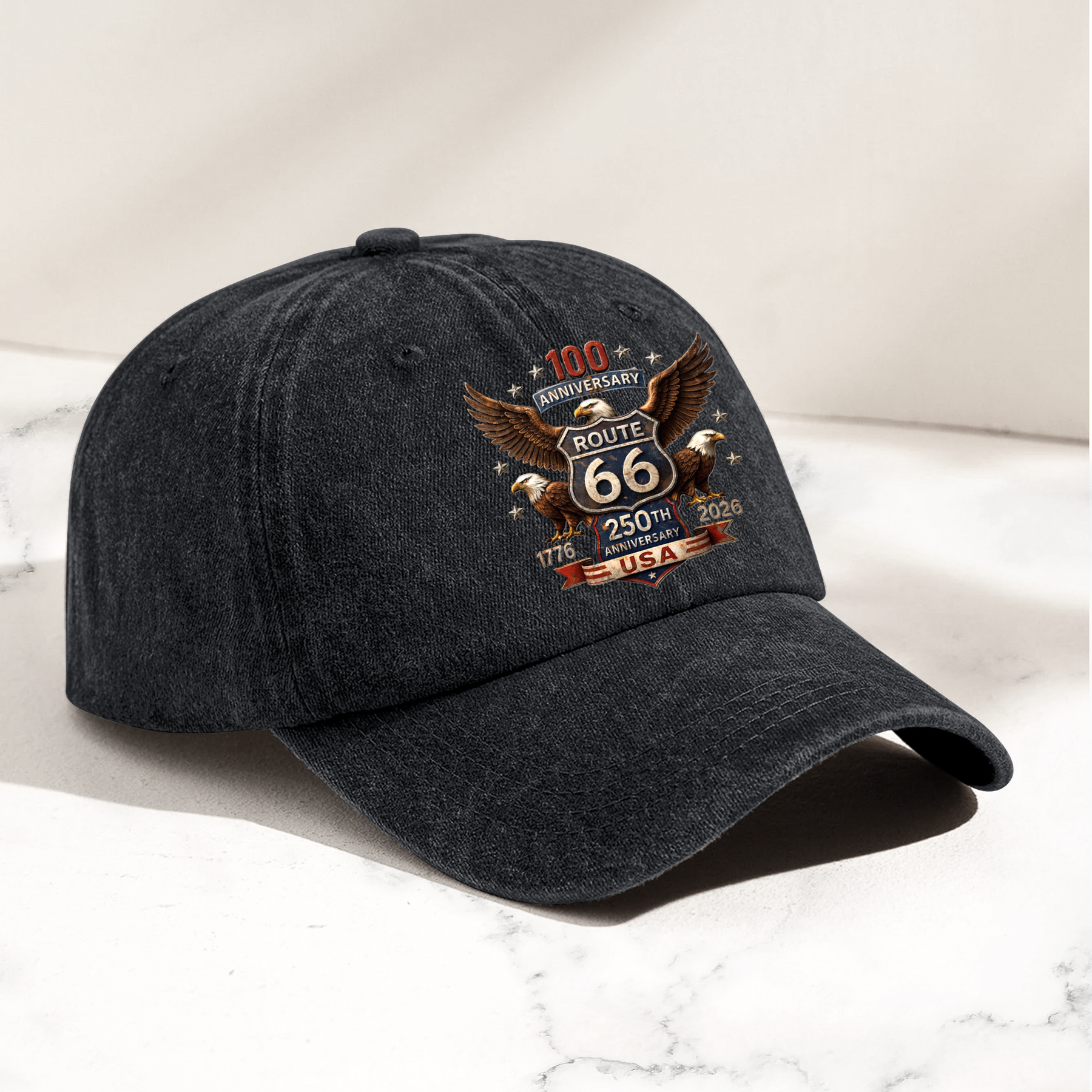 100 Years Route 66 250 Years USA - Personalized Distressed Denim Cap