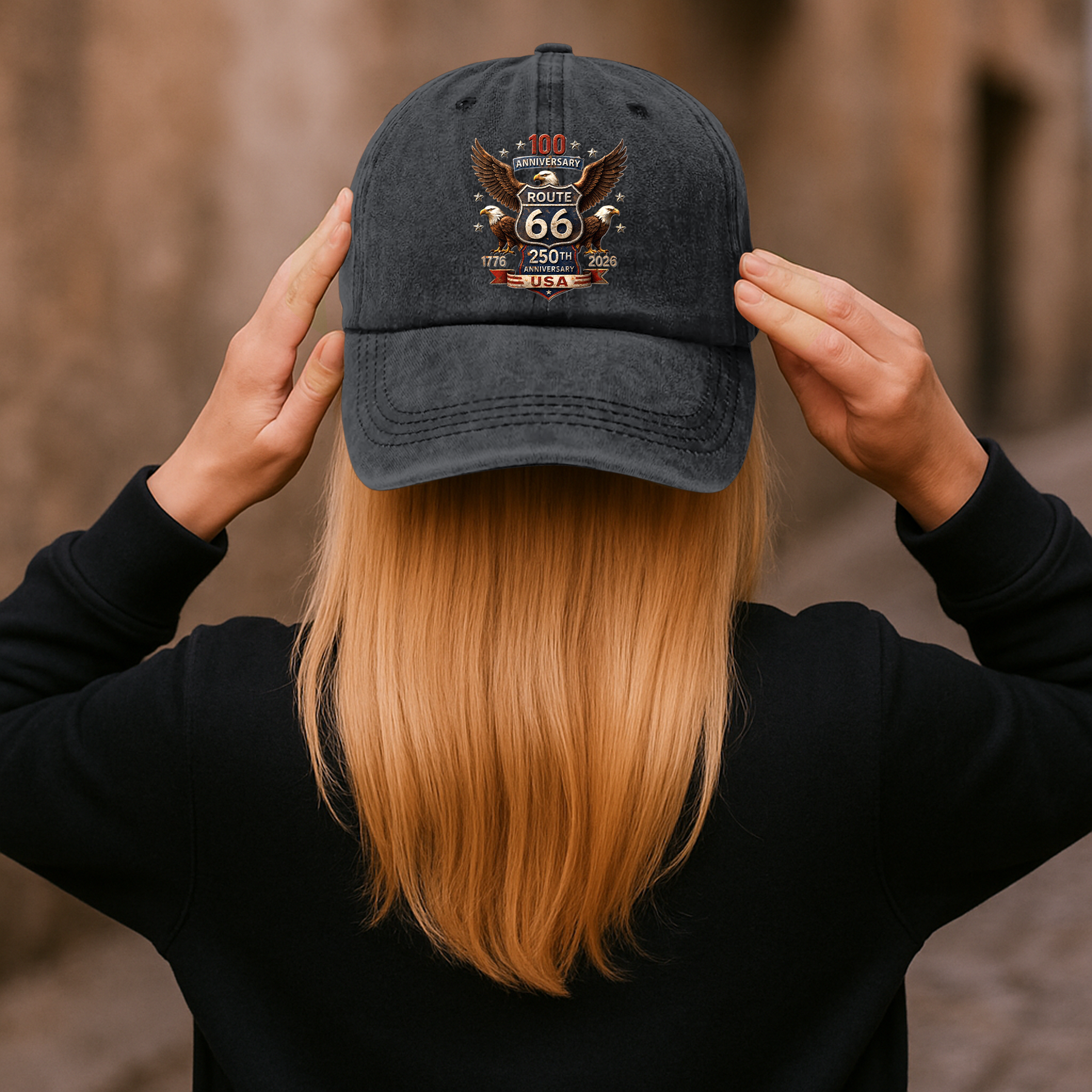 100 Years Route 66 250 Years USA - Personalized Distressed Denim Cap