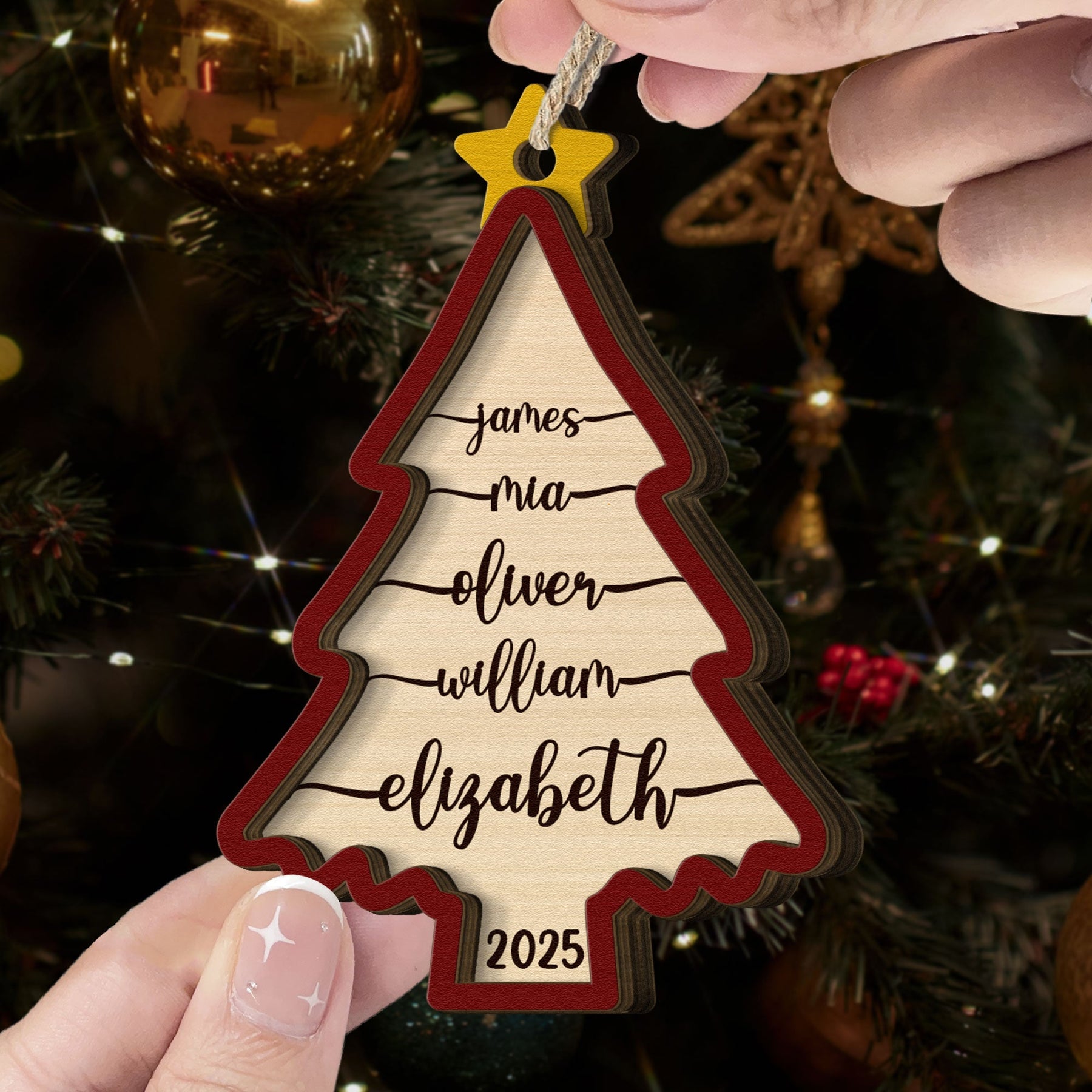 2026 Family Christmas Ornament, Christmas Tree Ornament With Names - Personalized Wooden Ornament