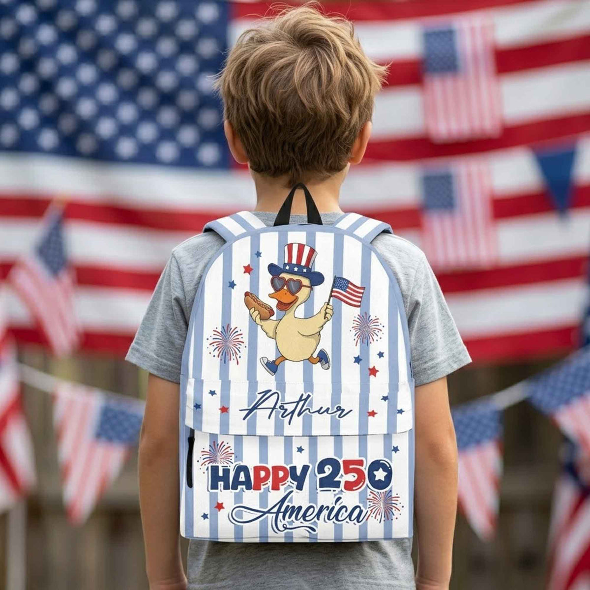 250 Years Of Freedom Kids Custom Name Patriotic Goose, Racoon - Personalized Backpack