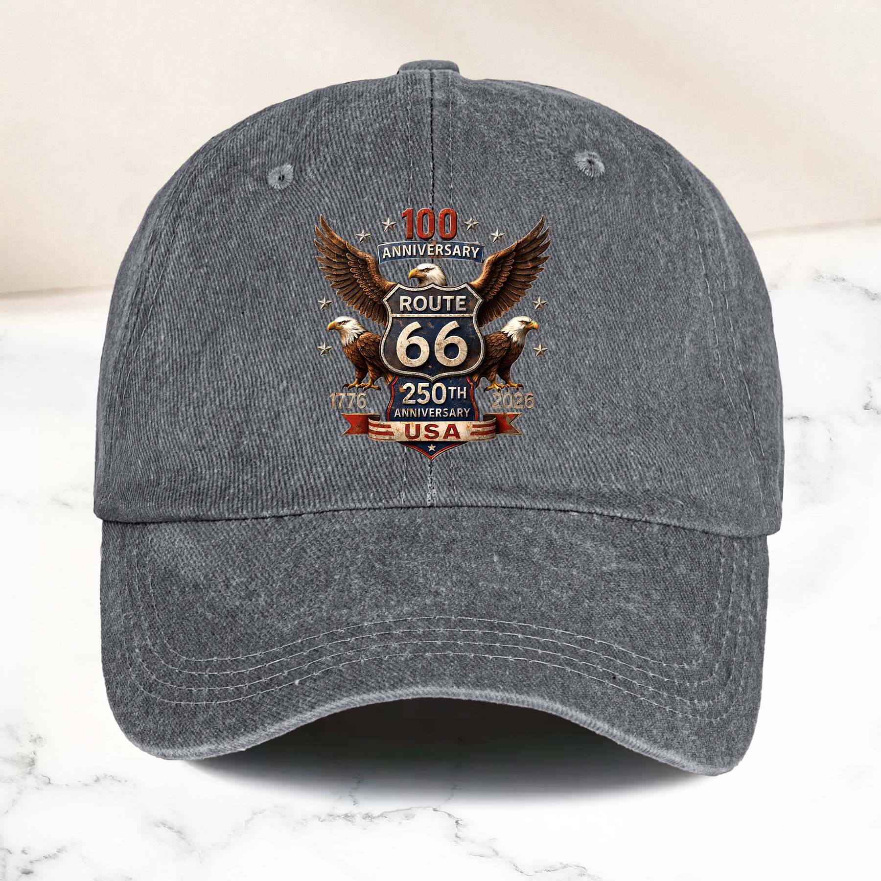 100 Years Route 66 250 Years USA - Personalized Distressed Denim Cap