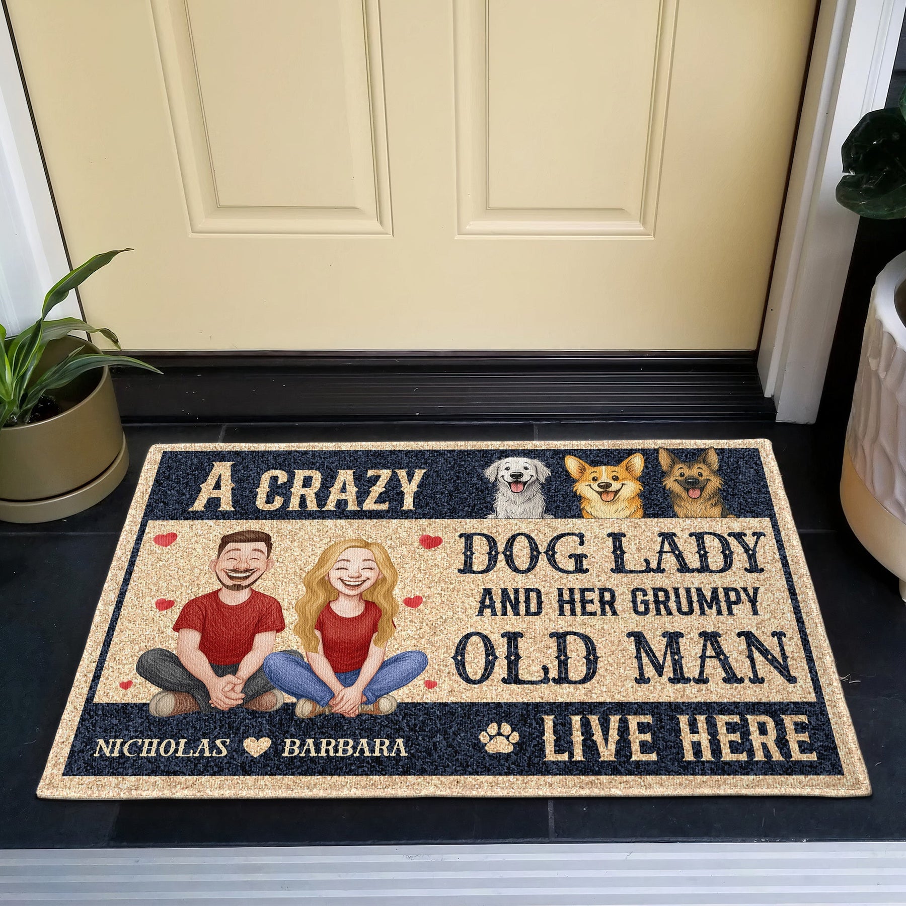 A Crazy Dog Lady And Her Grumpy Old Man Live Here New Version - Personalized Doormat