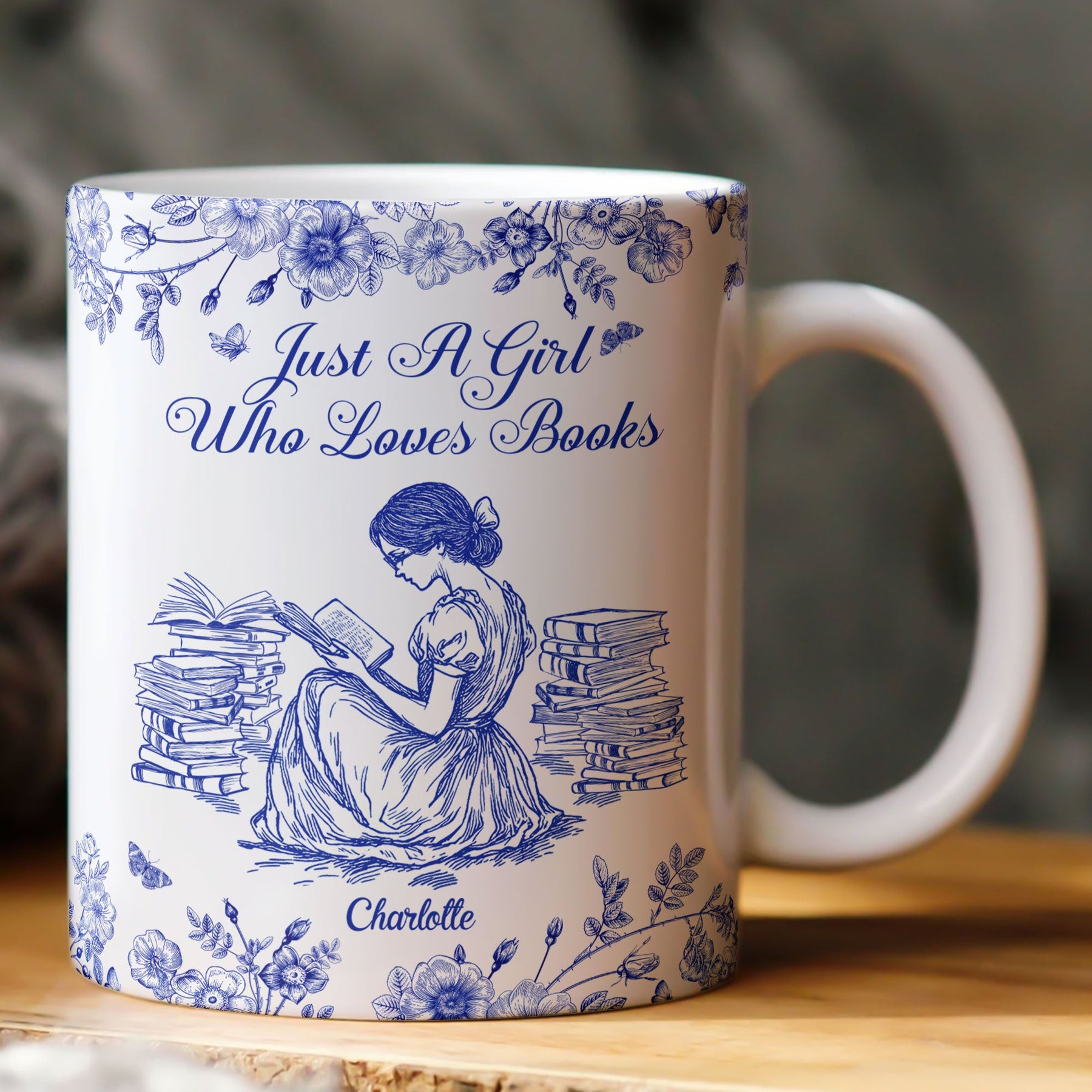 A Girl Who Loves Books Toile De Jouy - Personalized Mug