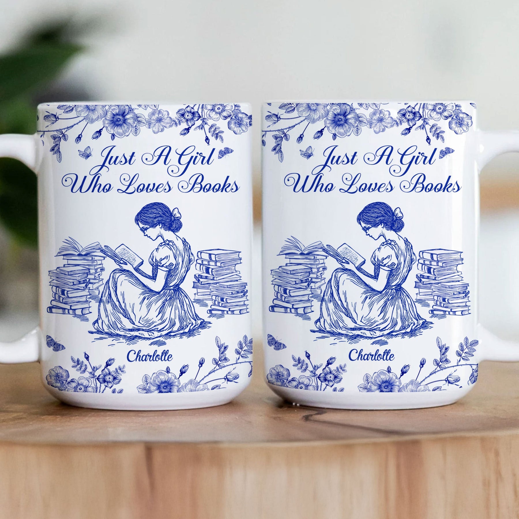 A Girl Who Loves Books Toile De Jouy - Personalized Mug