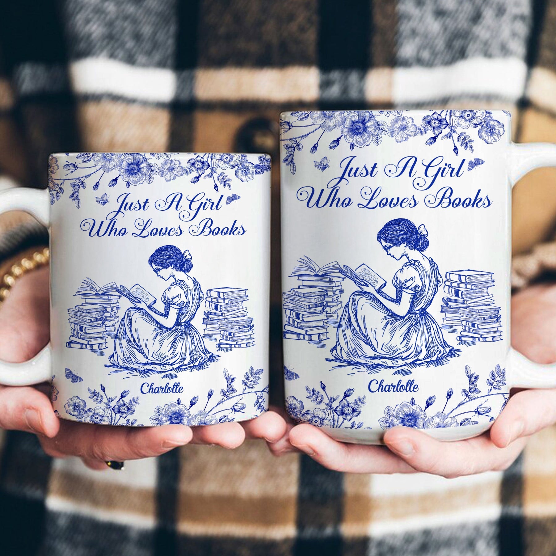 A Girl Who Loves Books Toile De Jouy - Personalized Mug