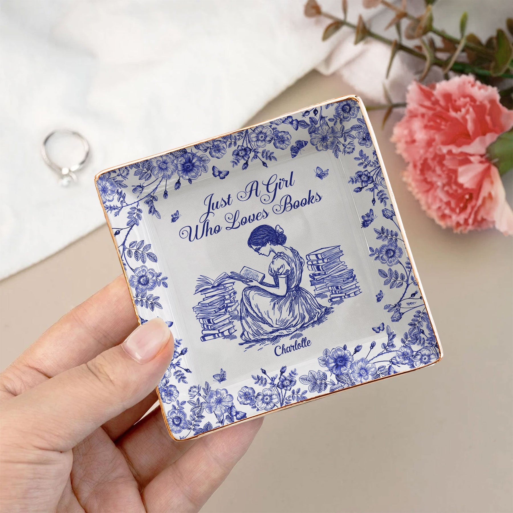 A Girl Who Loves Books Chinoiserie Toile De Jouy - Personalized Jewelry Dish