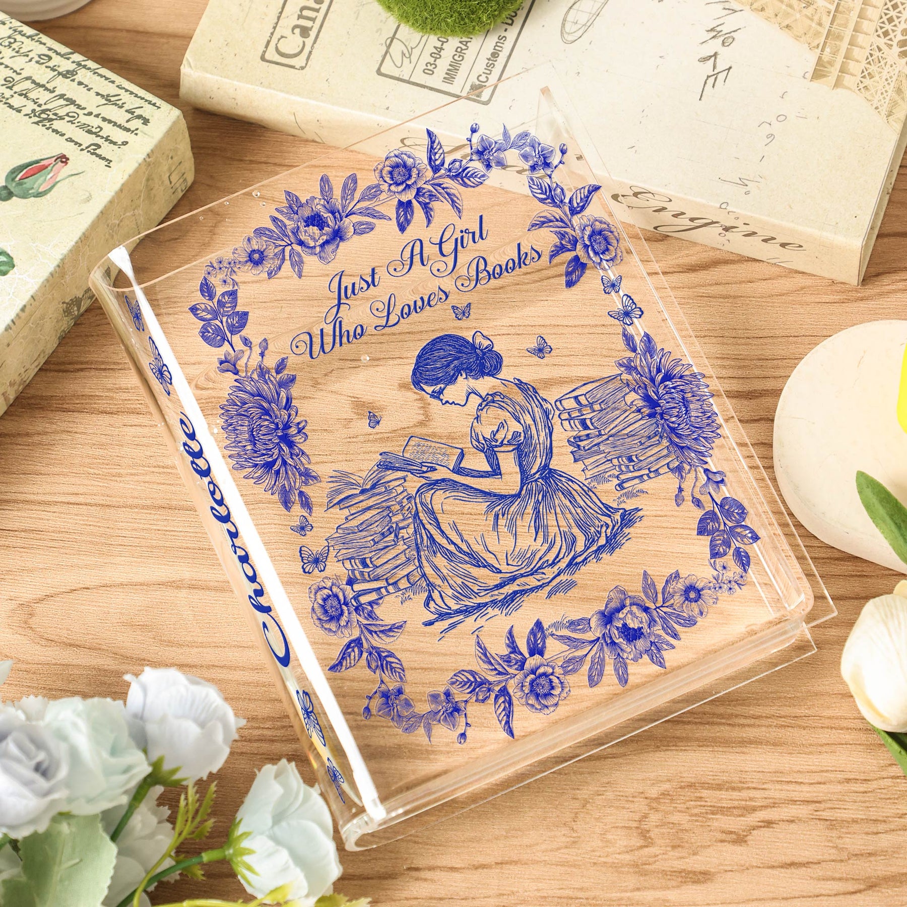 A Girl Who Loves Books Toile De Jouy - Personalized Acrylic Book Vase