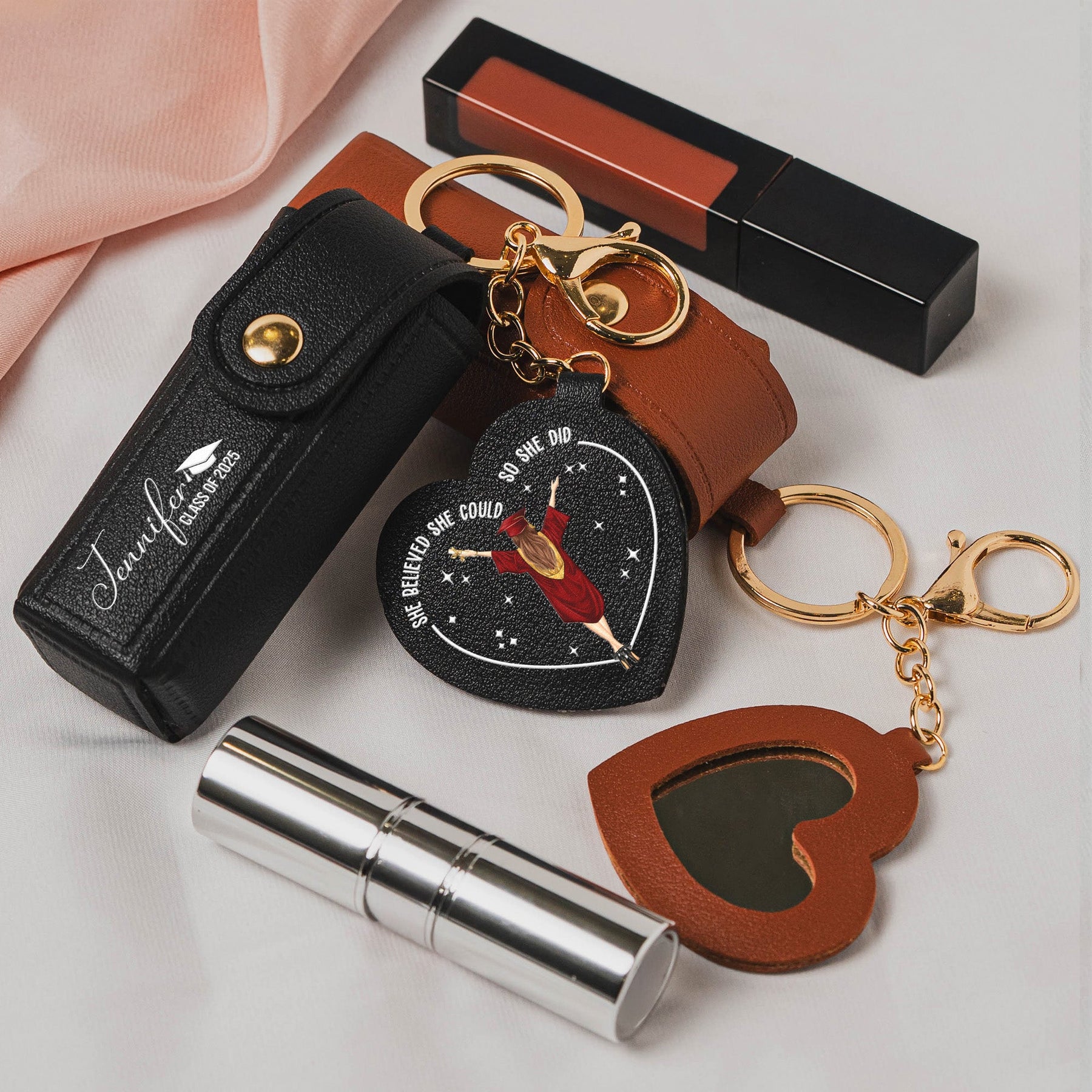 A Sweet Ending To A New Beginning Graduation Gifts - Personalized Leather Lipstick Case With Mirror Keychain