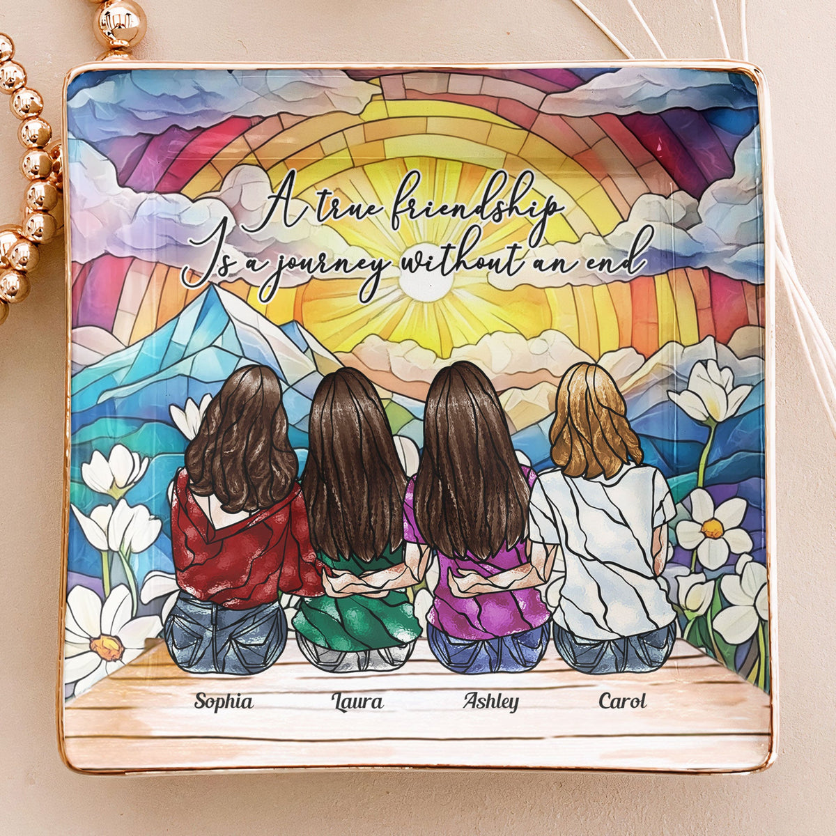 A True Friendship Is A Journey Without An End Stained Glass Style - Personalized Jewelry Dish