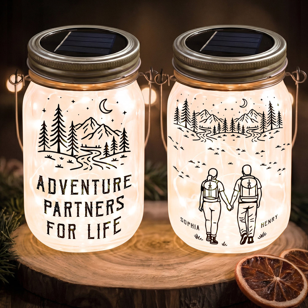 Adventure Partners For Life Couple Gift - Personalized Solar Mason Jar Light