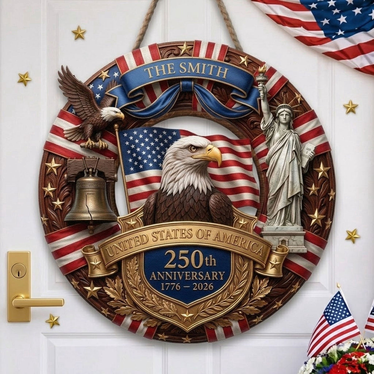 America 250th Anniversary Gifts For Mom, Dad Faux Pattern - Personalized Wood Sign