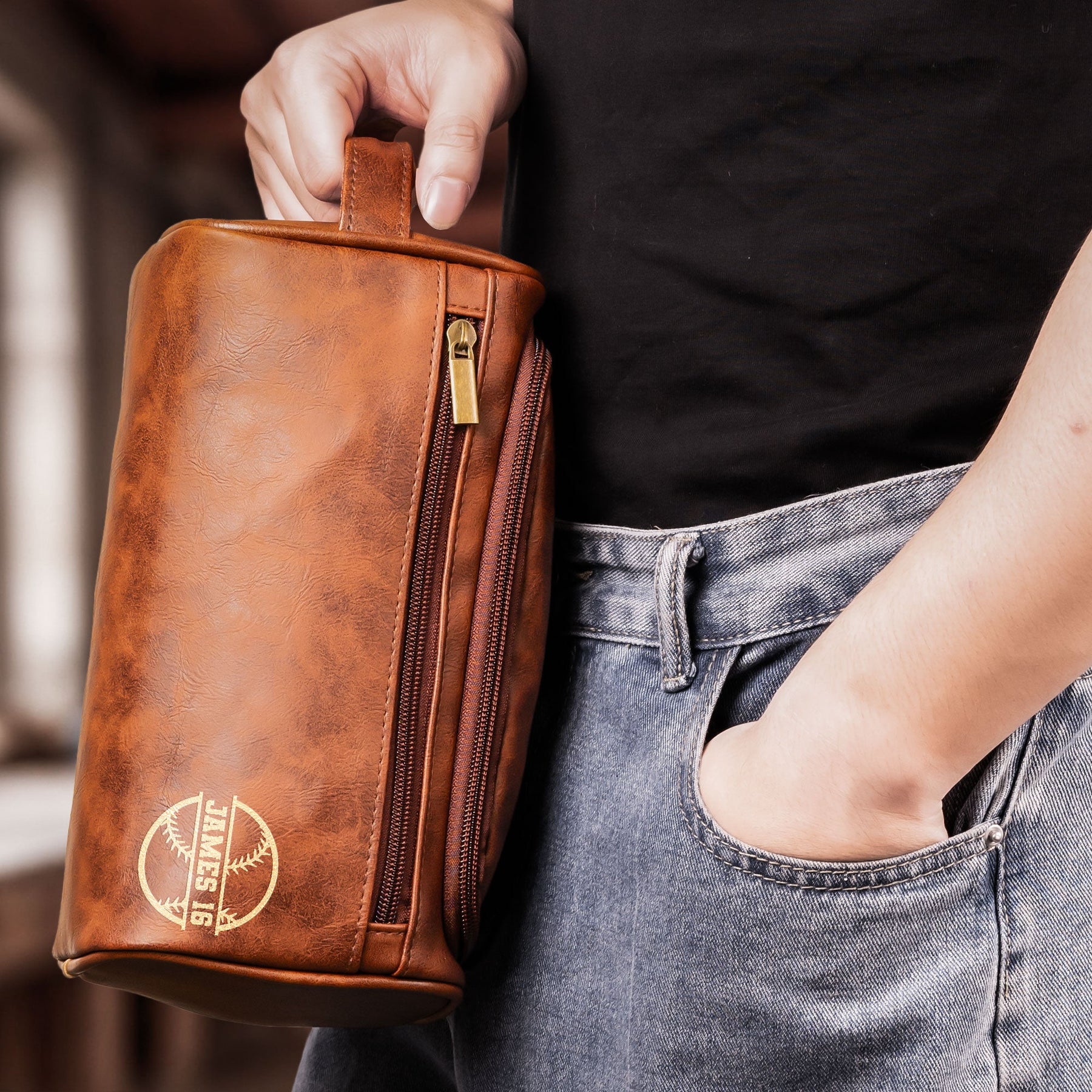 American Football Custom Name - Personalized Leather Toiletry Bag
