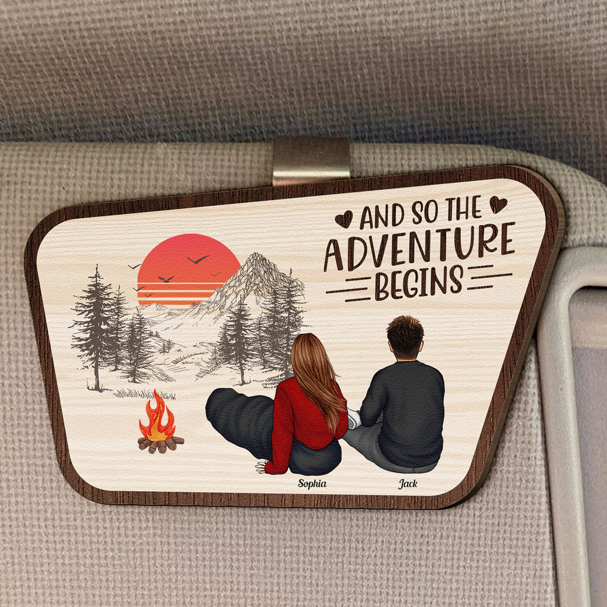 And So The Adventure Begins - Personalized Wooden Car Visor Clip