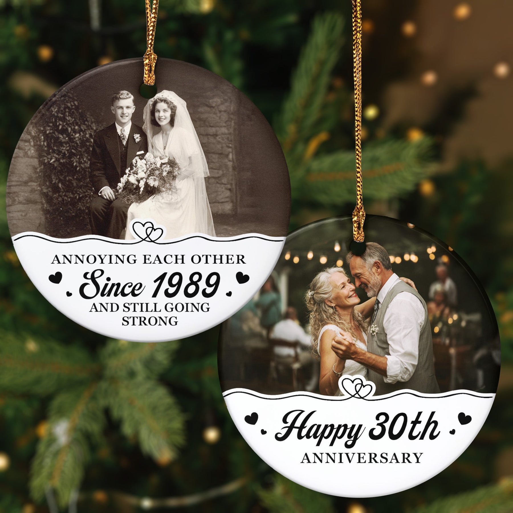 Anniversary Christmas Annoying Each Other Since & Still Going Strong - Personalized Two-Sided Ceramic Photo Ornament