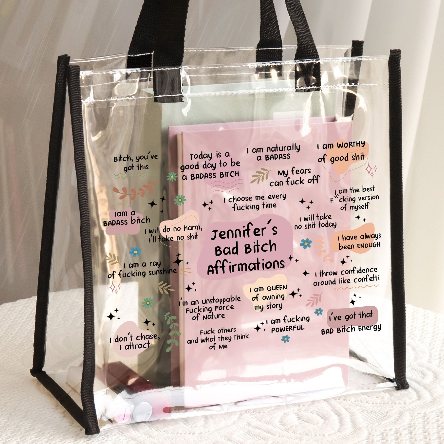 Bad B*tch Affirmations - Funny Gifts For Coworkers, Friends - Custom Clear Tote Bag
