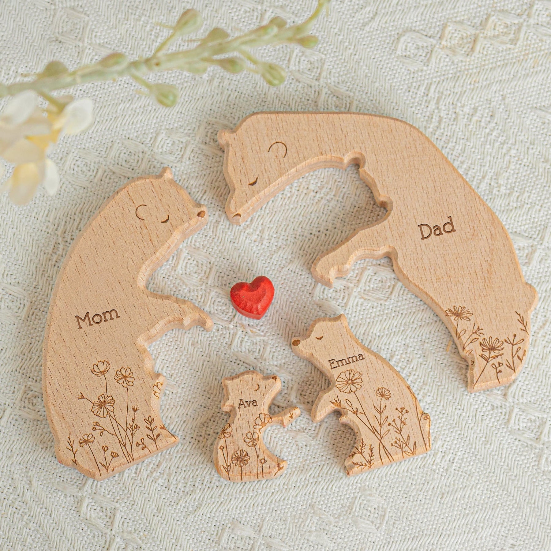 Bear Family Custom Name Floral Version - Personalized Wooden Bear Family Puzzle