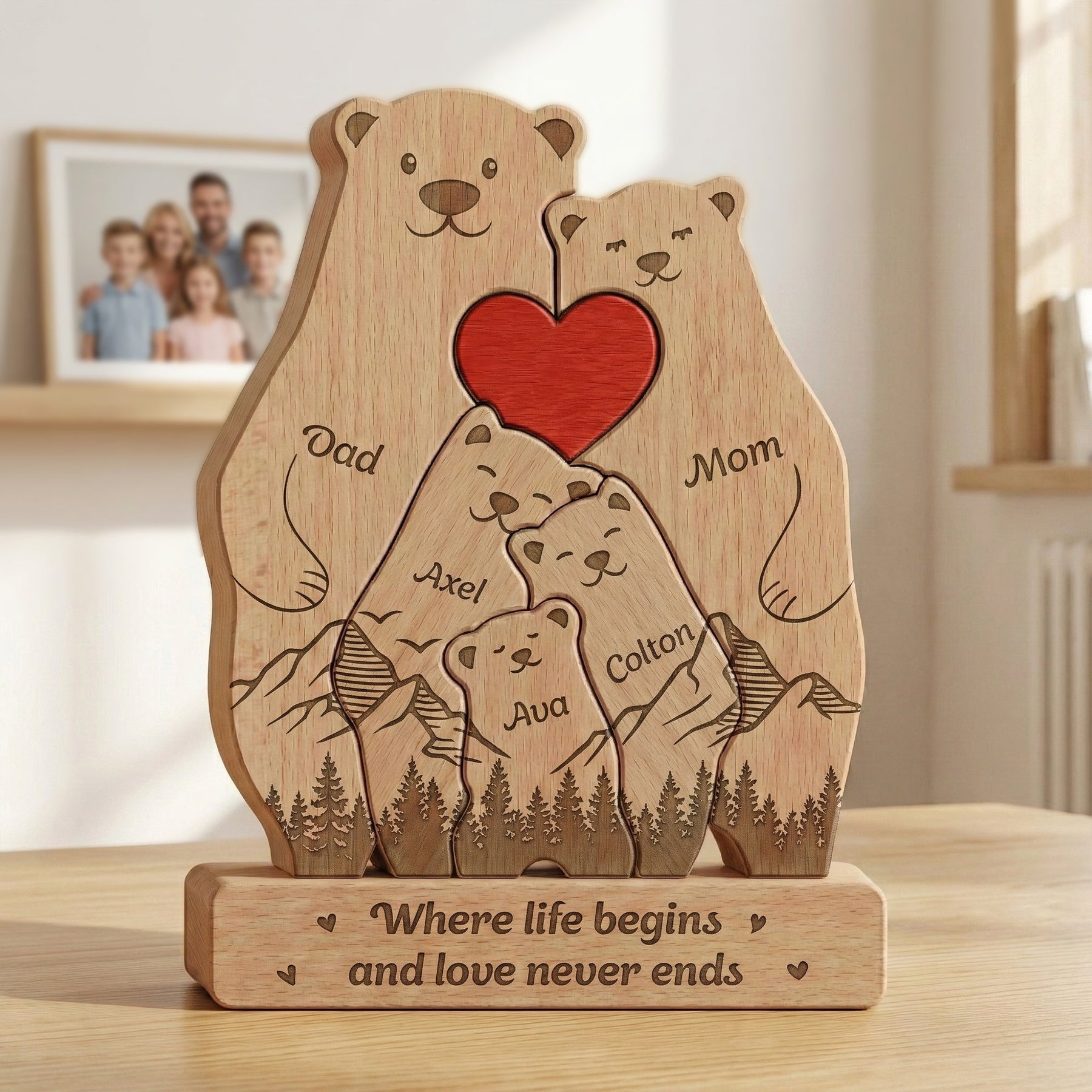 Bear Family, Mama Bear, Daddy Bear & Baby Cubs - Forest Style - Personalized Wooden Family Puzzle