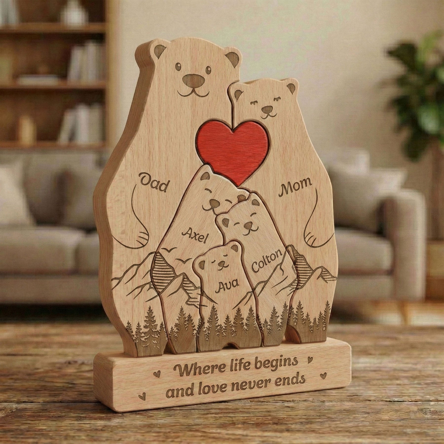 Bear Family, Mama Bear, Daddy Bear & Baby Cubs - Forest Style - Personalized Wooden Family Puzzle
