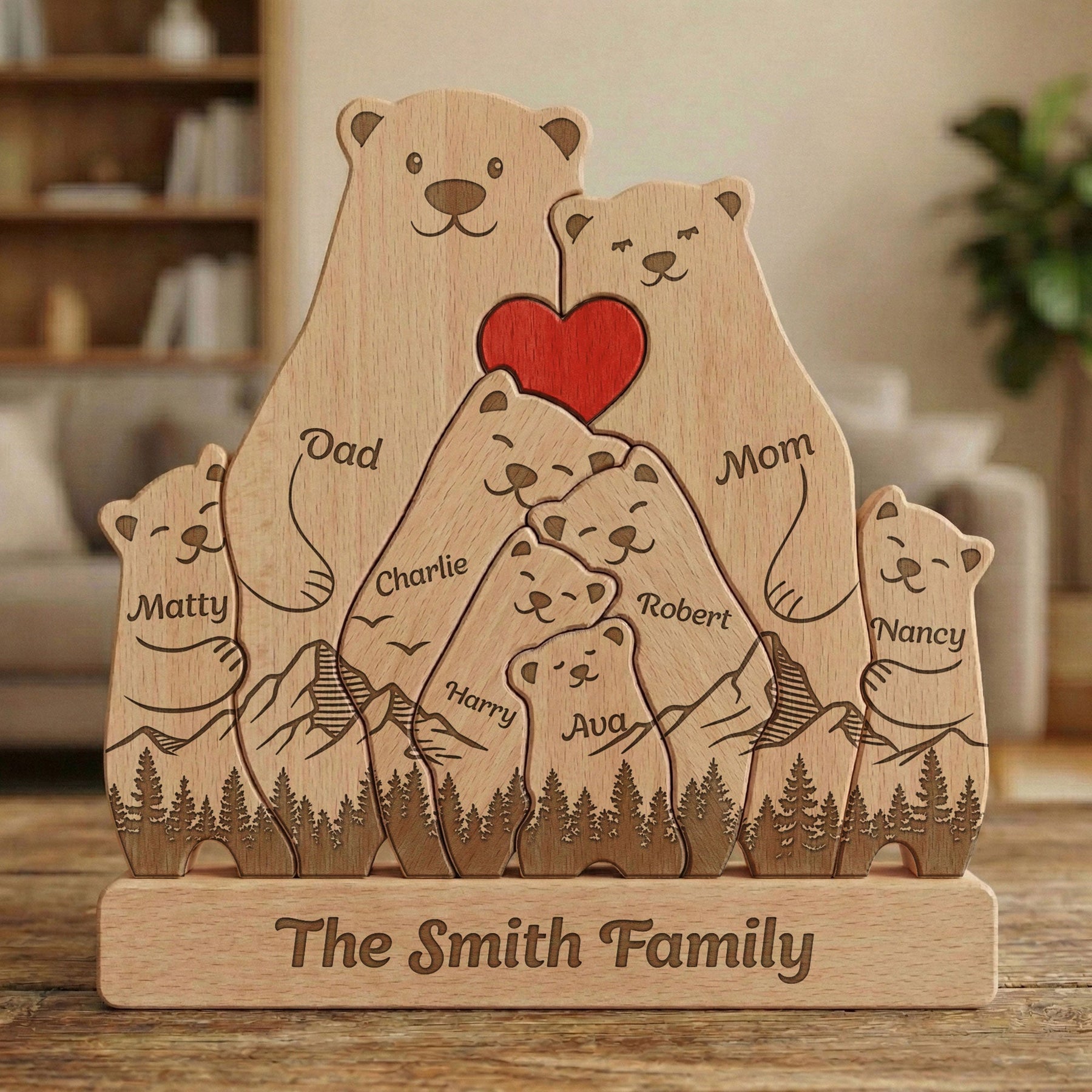 Bear Family, Mama Bear, Daddy Bear & Baby Cubs - Forest Style - Personalized Wooden Family Puzzle
