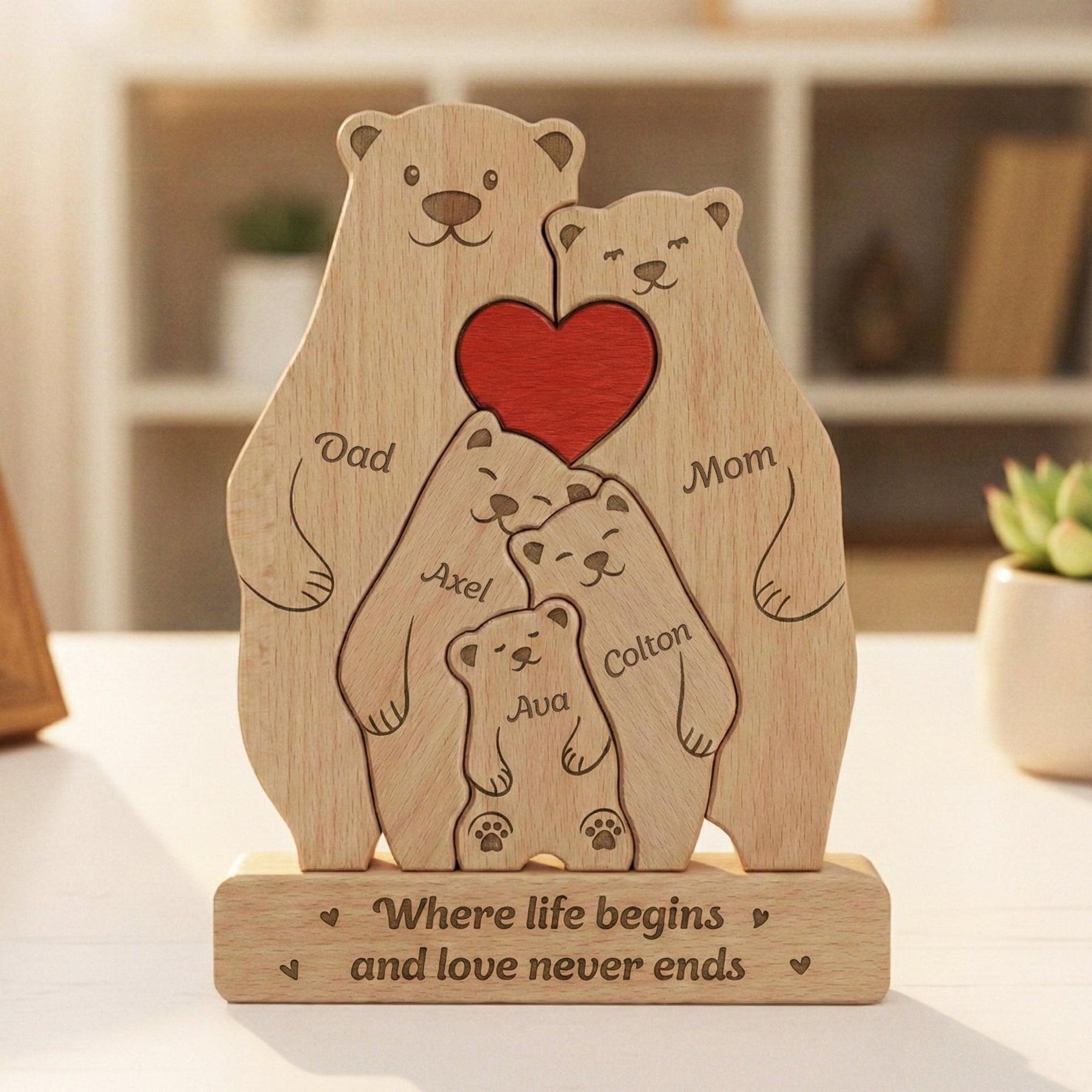 Bear Family, Mama Bear, Daddy Bear & Baby Cubs - Personalized Wooden Family Puzzle
