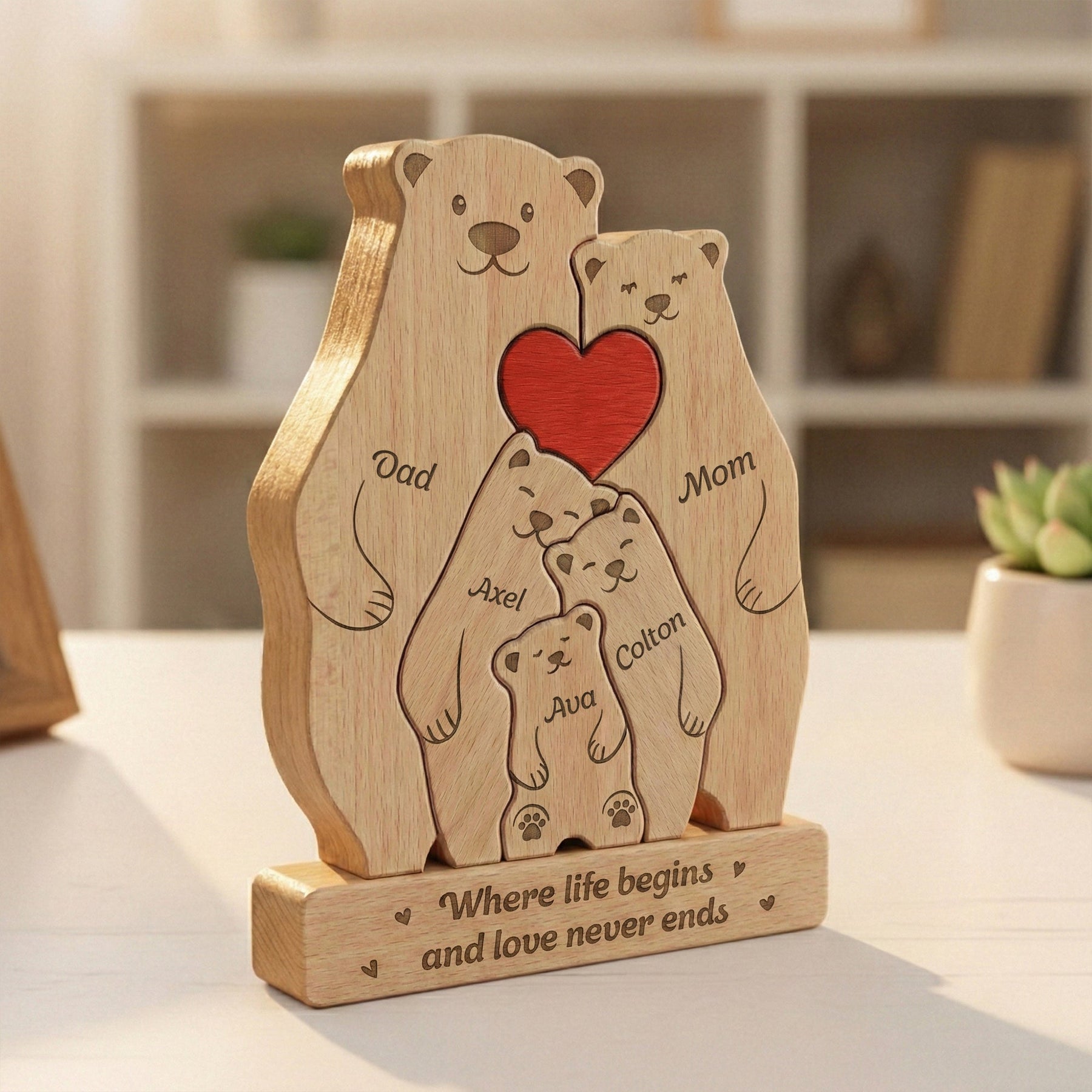 Bear Family, Mama Bear, Daddy Bear & Baby Cubs - Personalized Wooden Family Puzzle