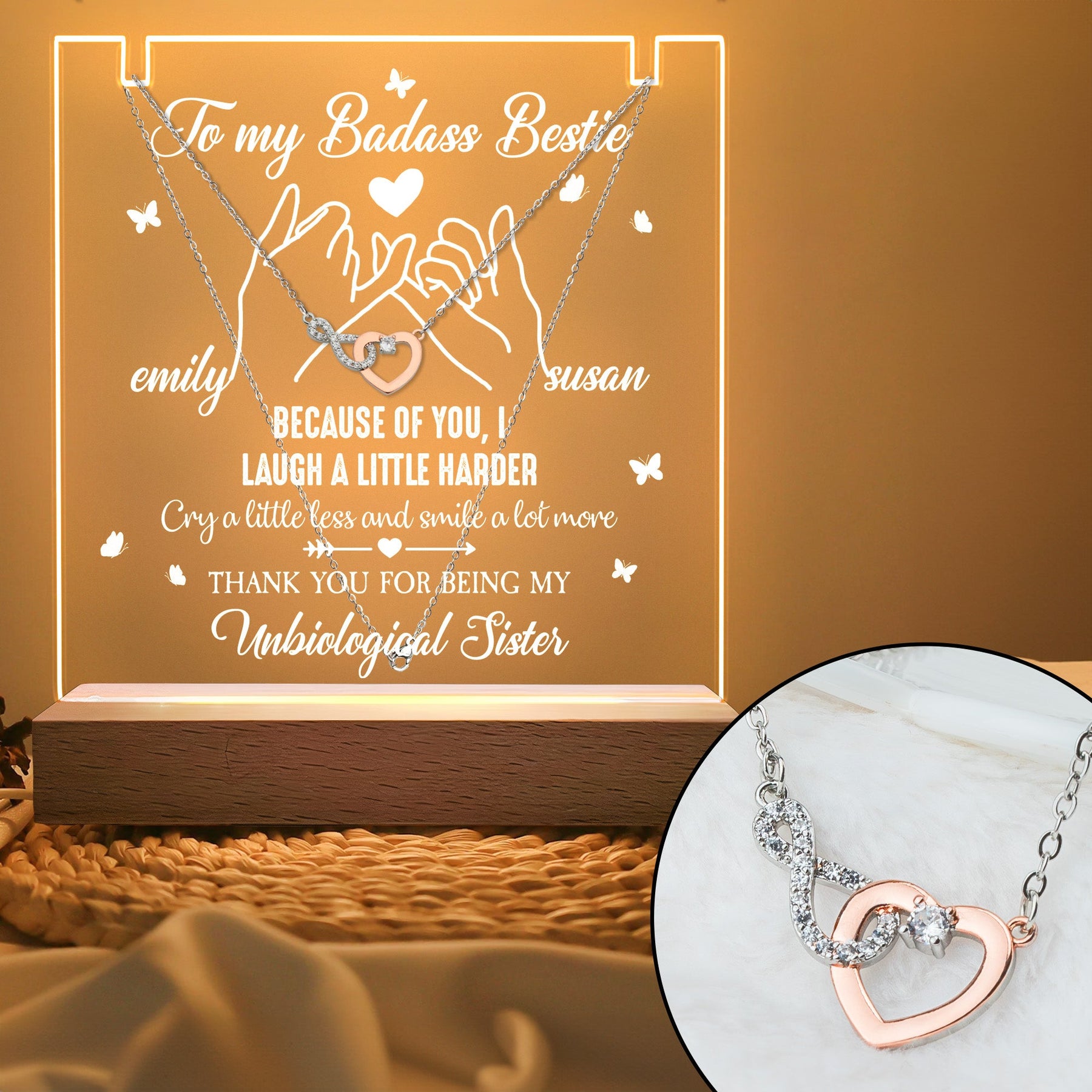 Because Of You I Laugh - Personalized LED Light Acrylic Plaque With Infinity Necklace