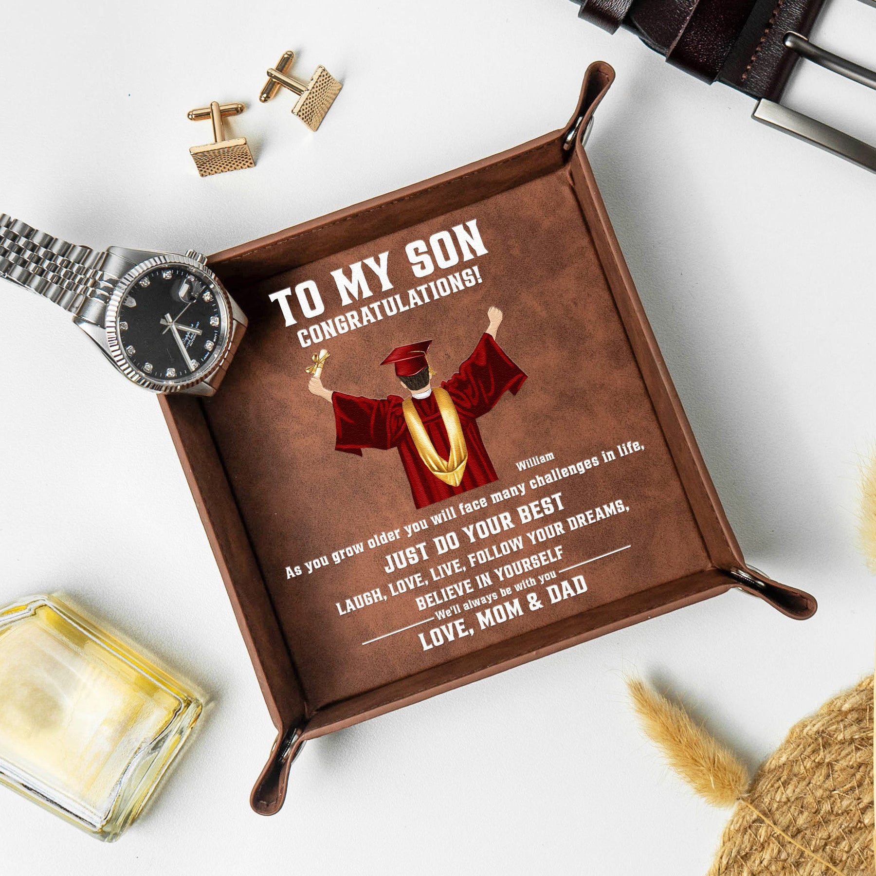 Believe In Yourself Gift For Son Grandson - Personalized Leather Valet Tray