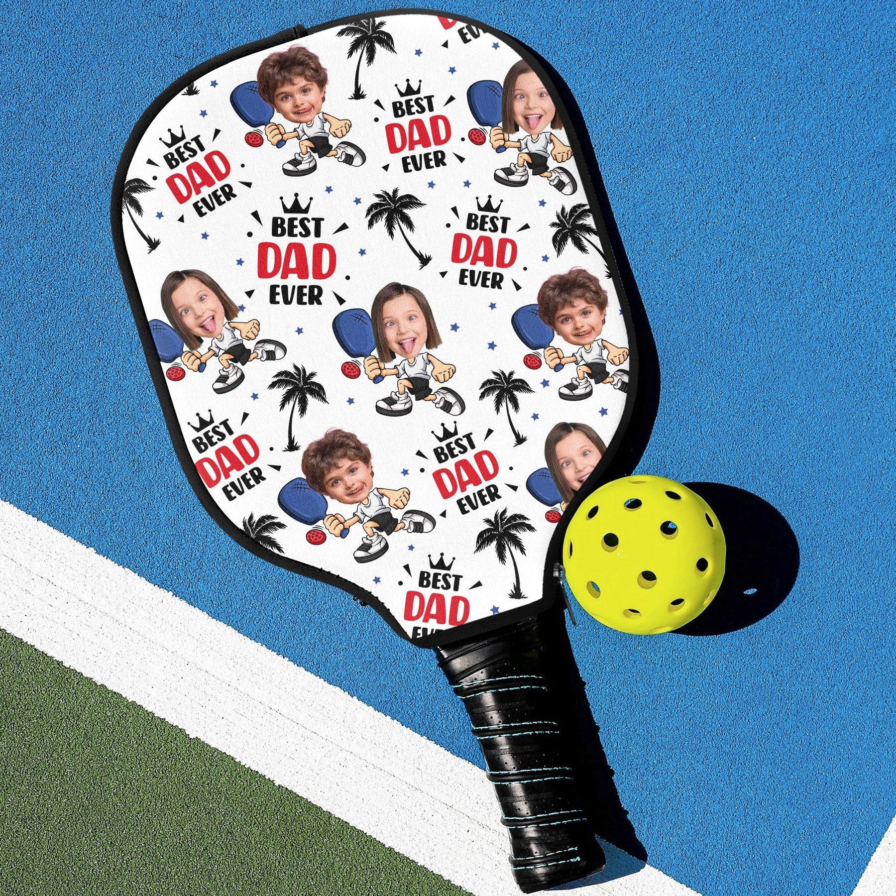 Best Dad Ever Custom Kid Face - Personalized Photo Pickleball Paddle Cover