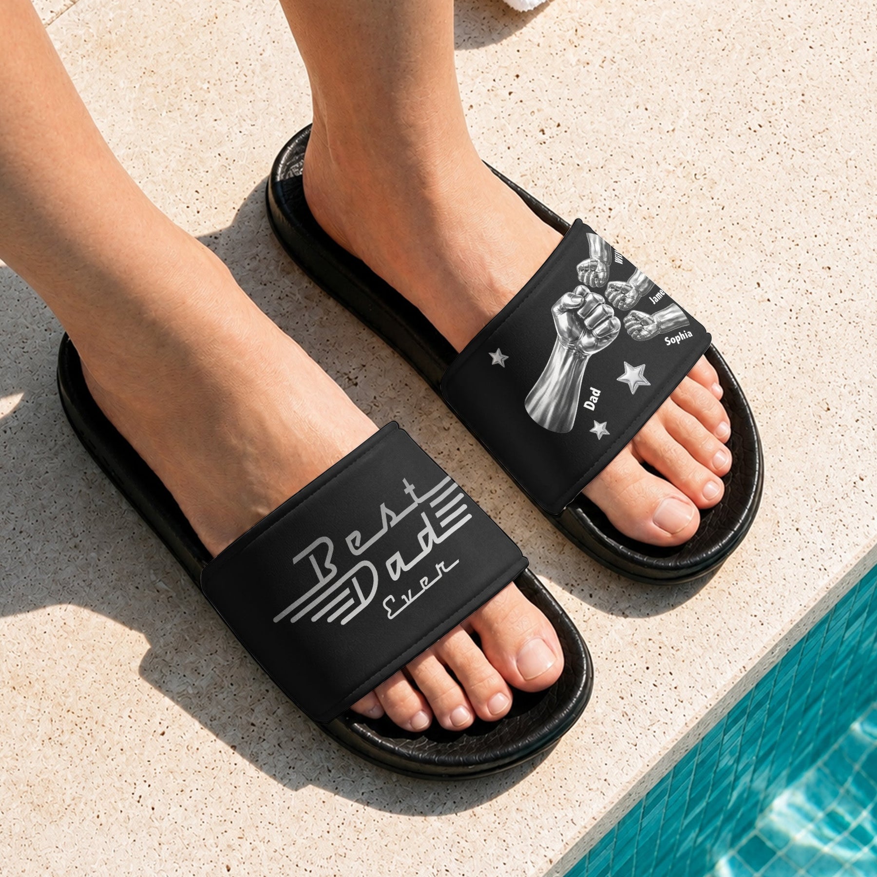 Best Dad Ever, Best Papa Ever - With Fist Bumps & Kids' Names - Personalized Slide Sandals