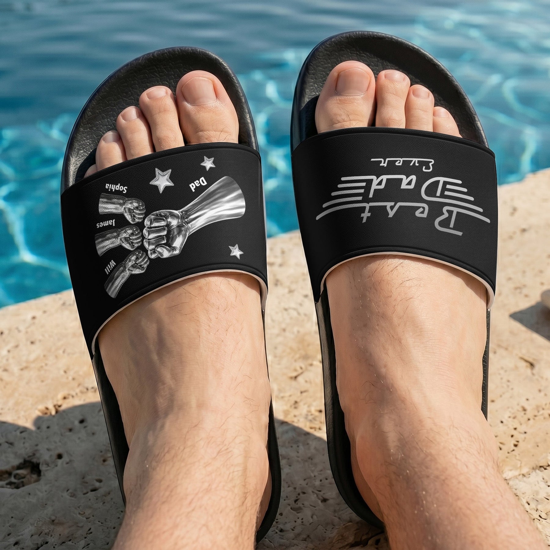 Best Dad Ever, Best Papa Ever - With Fist Bumps & Kids' Names - Personalized Slide Sandals