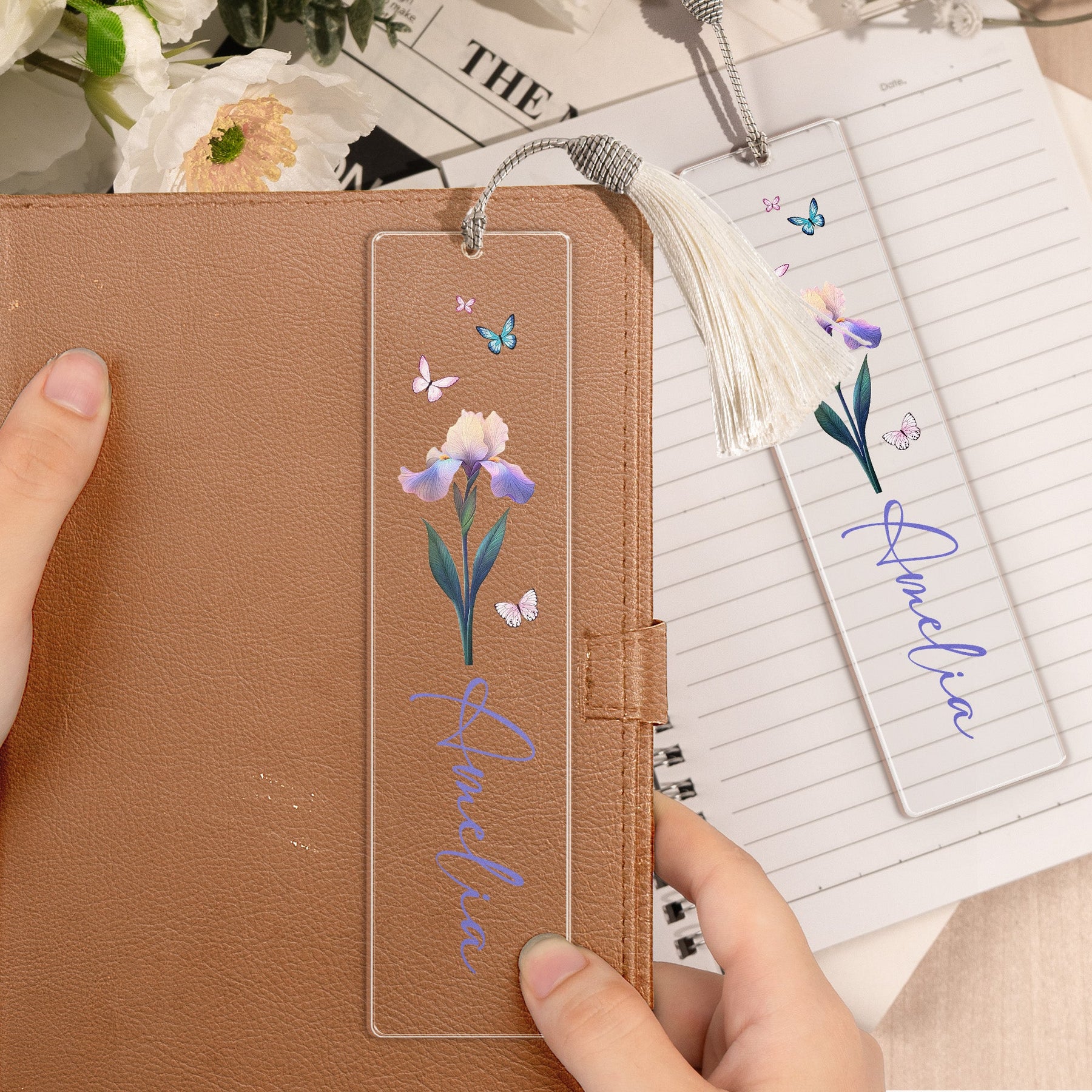Birth Flower - Personalized Acrylic Bookmark And Keychain Set