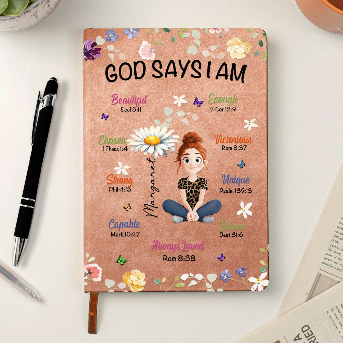 Birth Flower God Says I Am - Personalized Leather Journal
