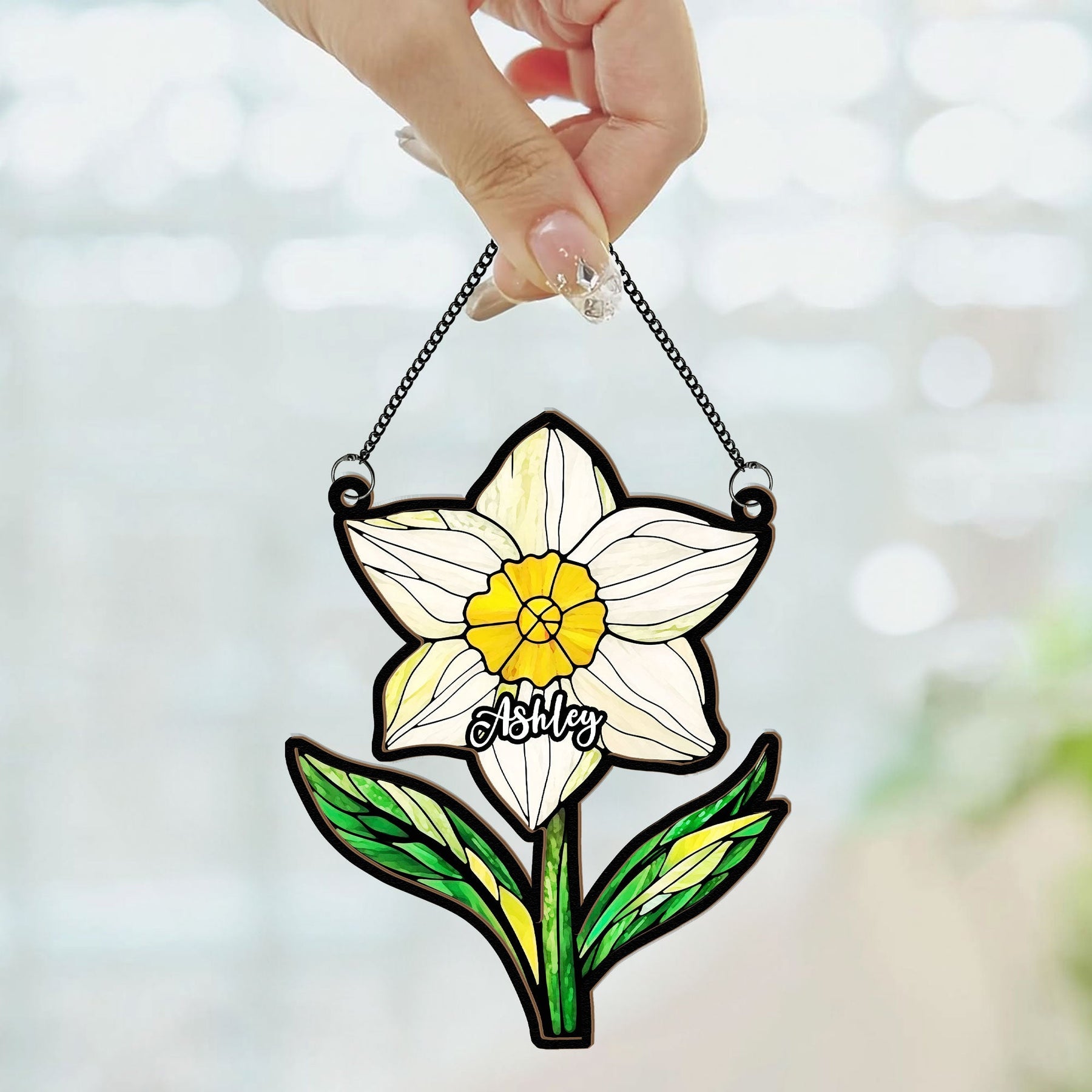 Birth Flower With Name - Personalized Window Hanging Suncatcher Ornament