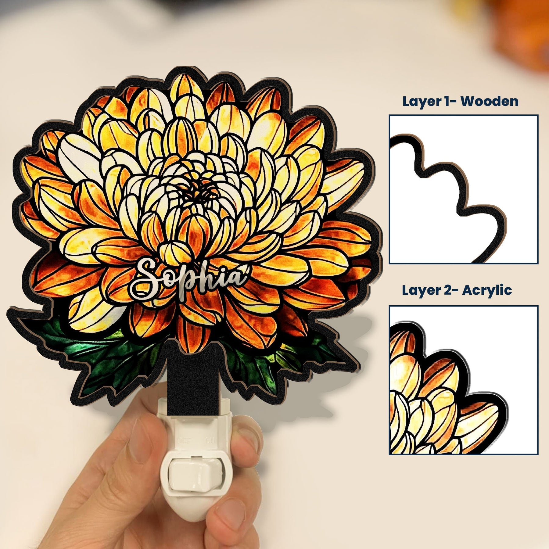 Birth Flower With Name - Personalized Wood And Acrylic Night Light