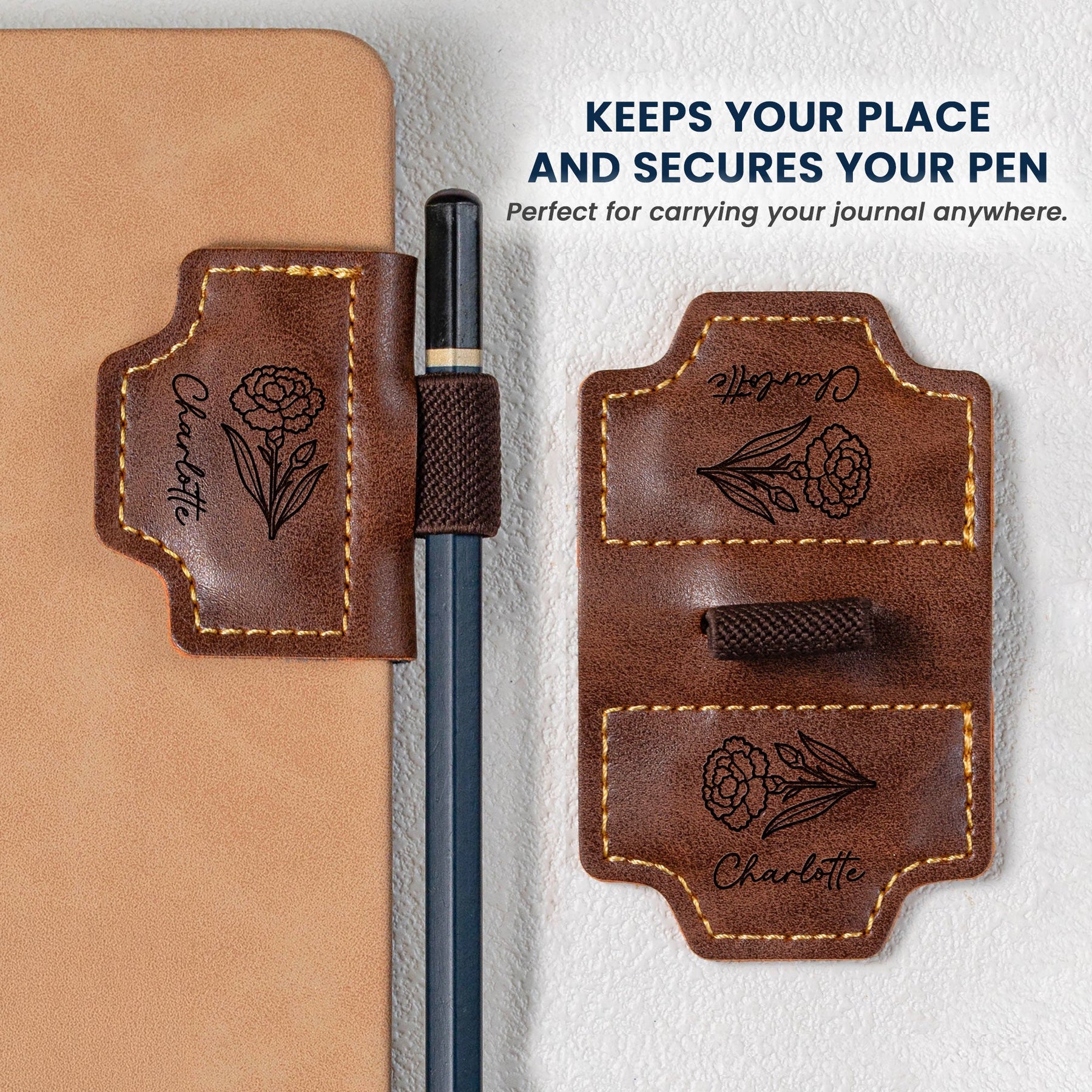 Birth Flower, Book Lovers, Readers - Personalized Engraved Leather Magnetic Bookmark With Pen Clip