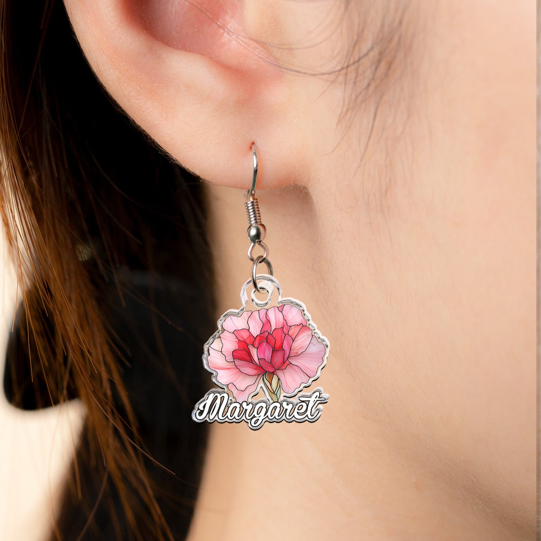 Birth Month Flower Stained Glass Effect Custom Name - Personalized Acrylic Earrings