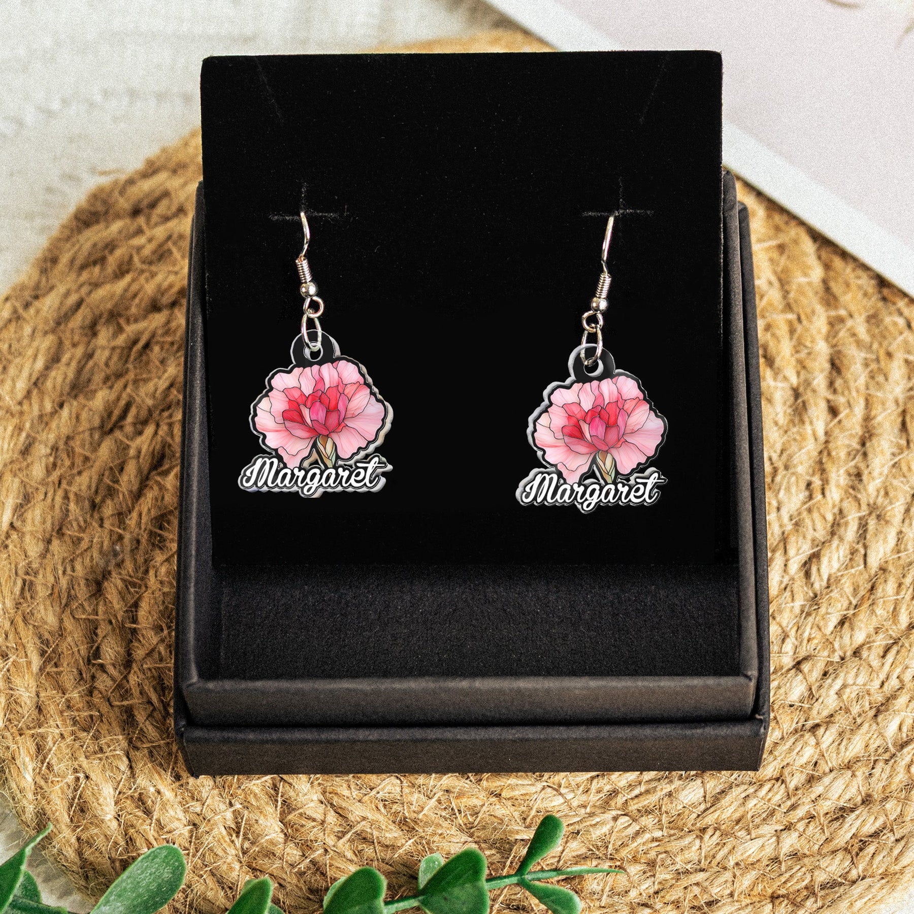 Birth Month Flower Stained Glass Effect Custom Name - Personalized Acrylic Earrings