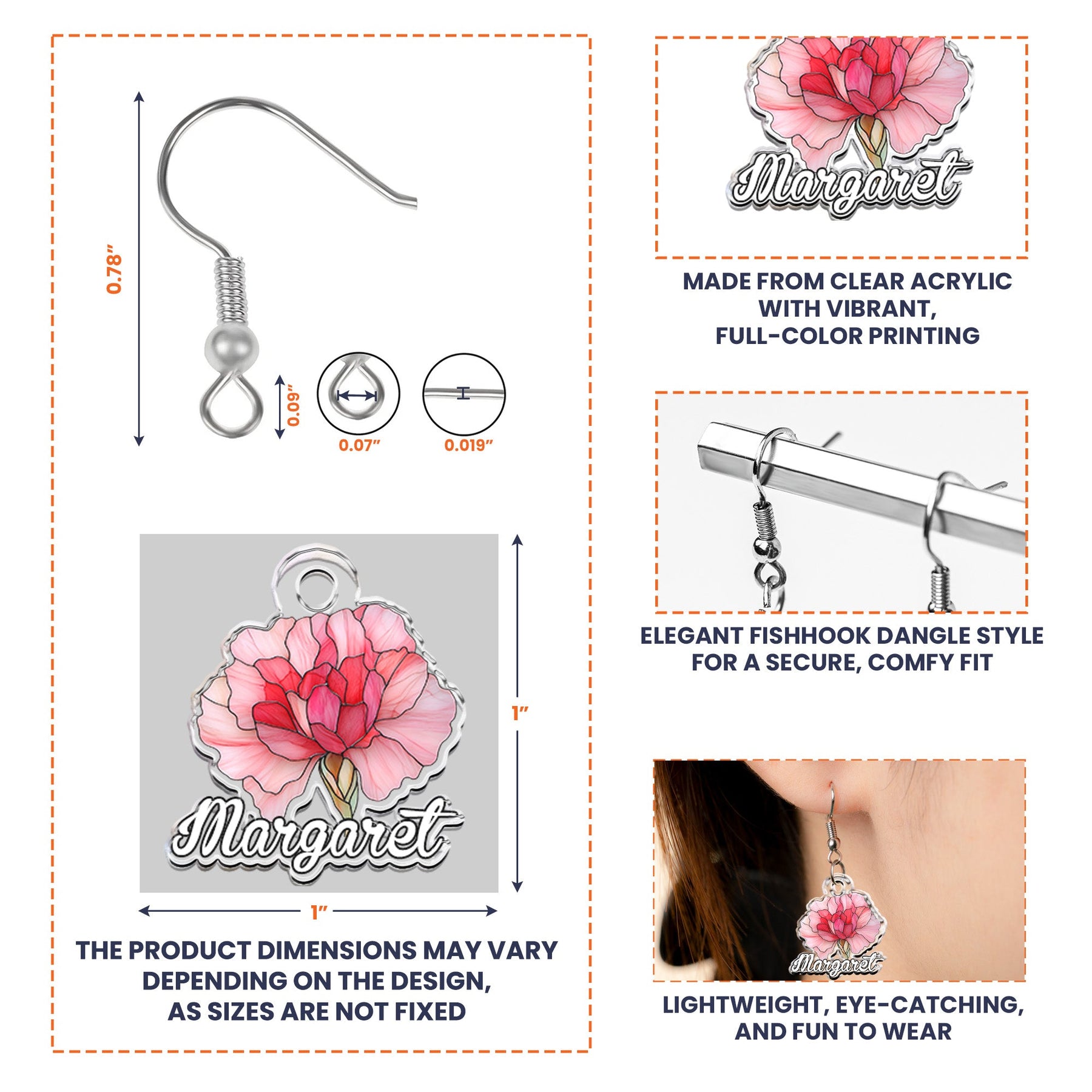 Birth Month Flower Stained Glass Effect Custom Name - Personalized Acrylic Earrings