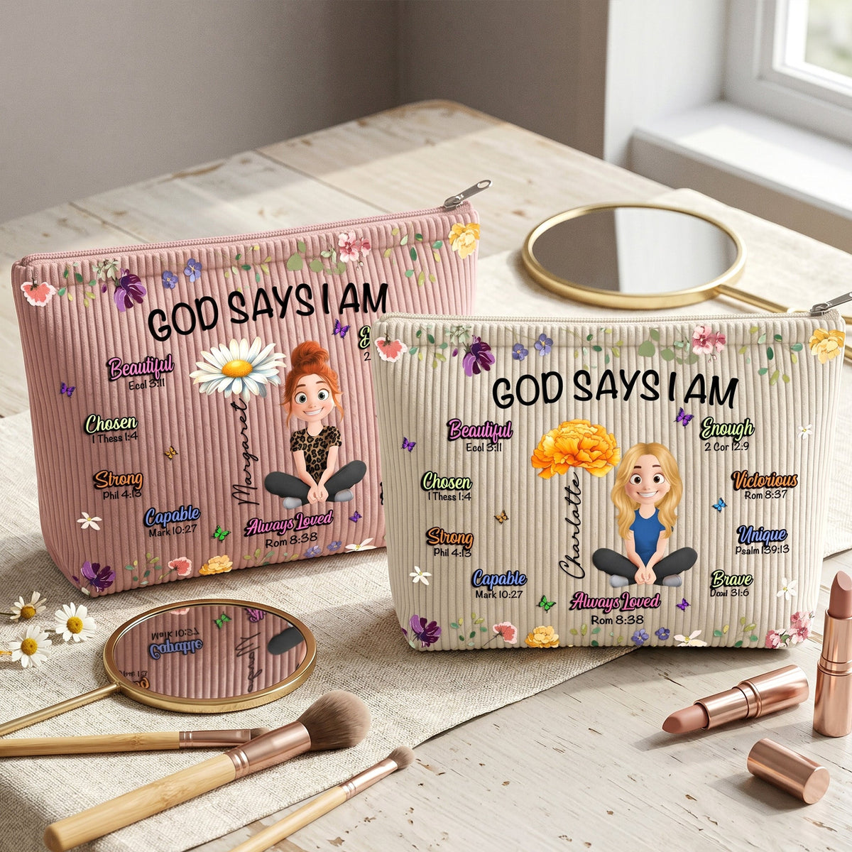 Birth Flower God Says I Am - Personalized Makeup Bag