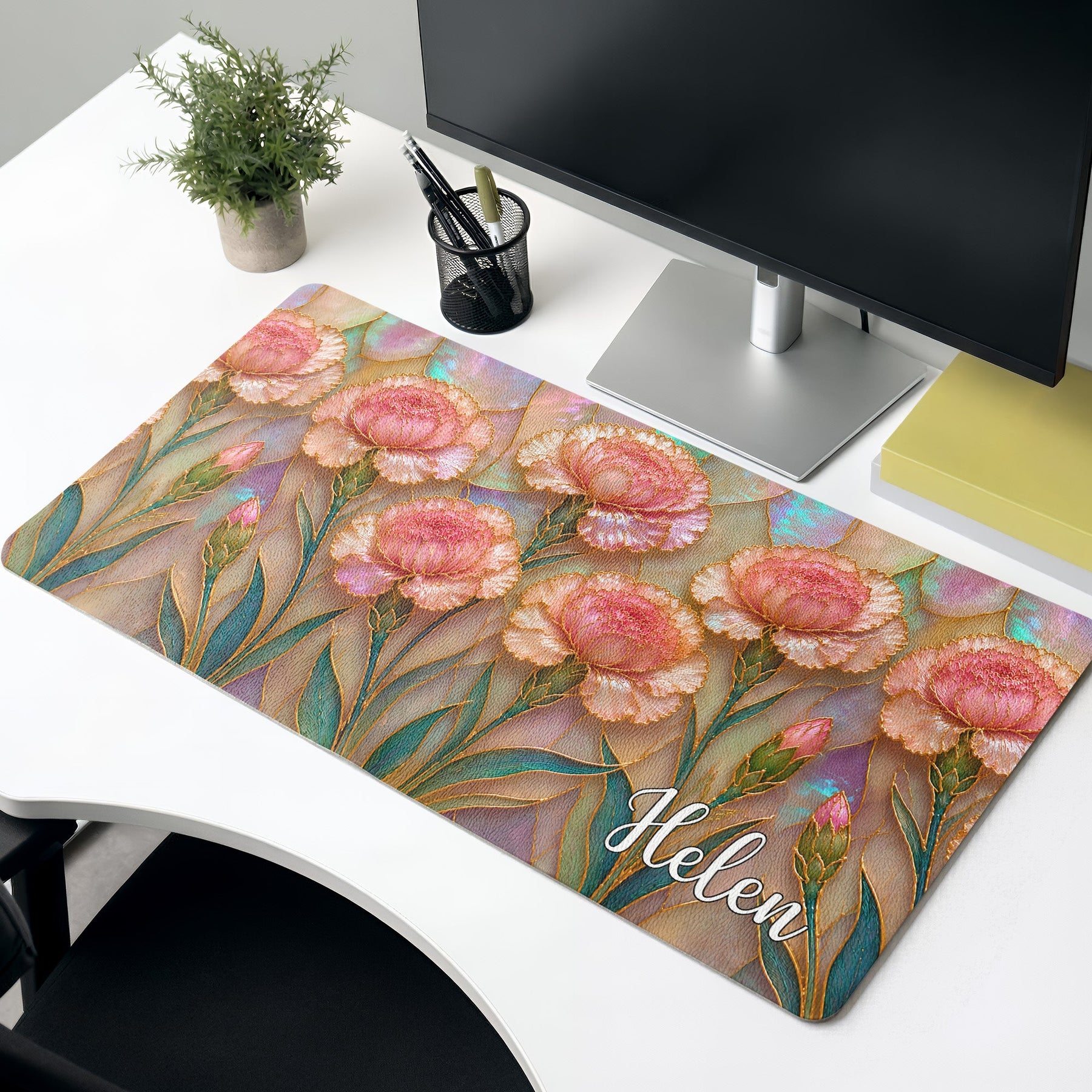Birth Flower Mother Of Pearl Desk Decor Gift For Friend - Personalized Desk Mat