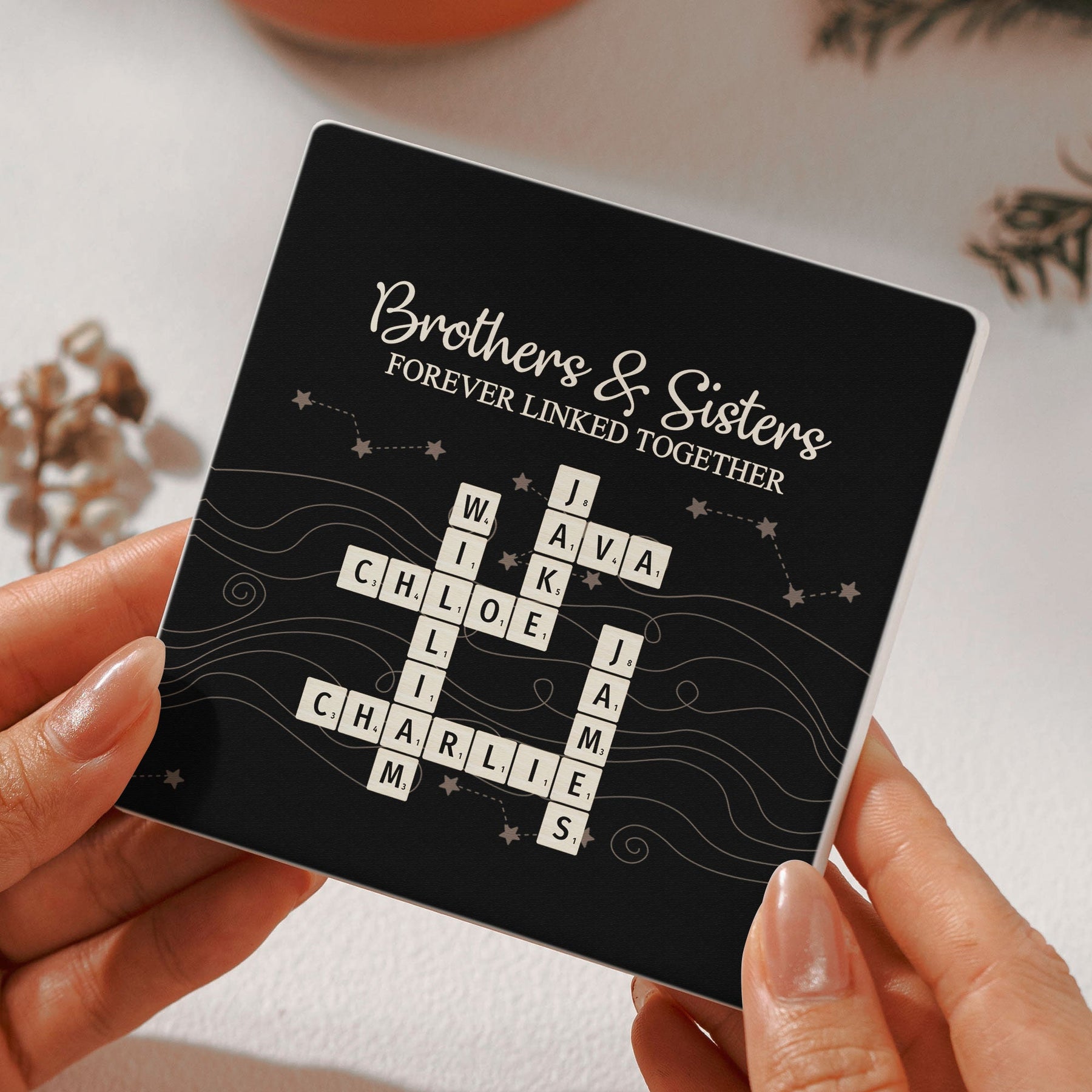 Brothers & Sisters Forever Linked Together Scrabble - Personalized Ceramic Coaster