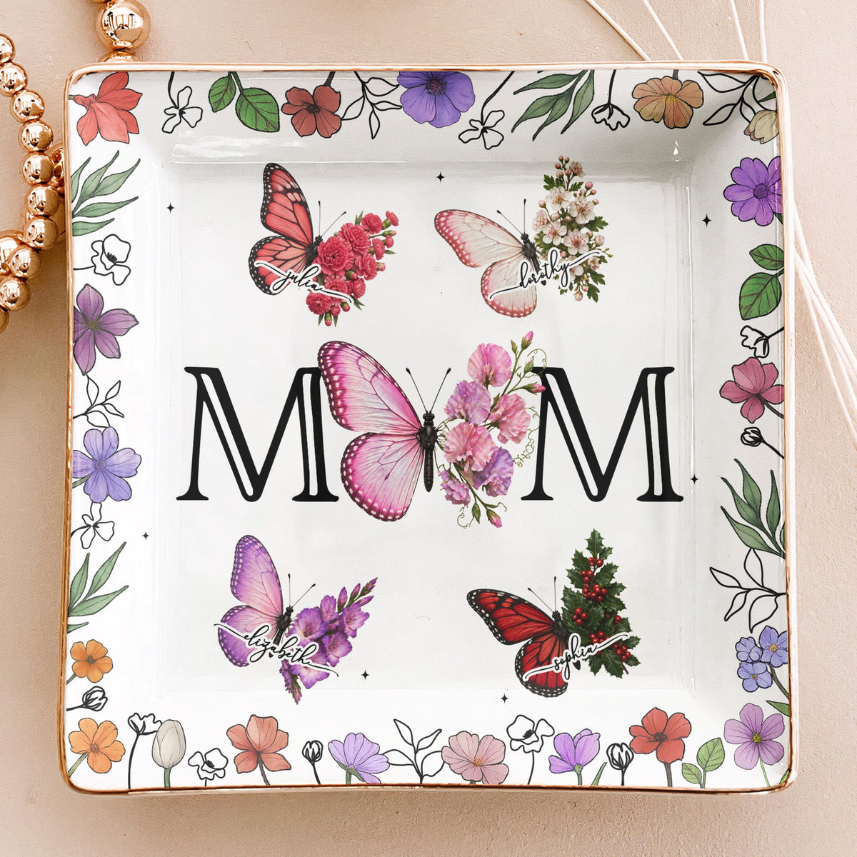 Butterfly Birth Flower Gift For Mom, Wife - Personalized Jewelry Dish