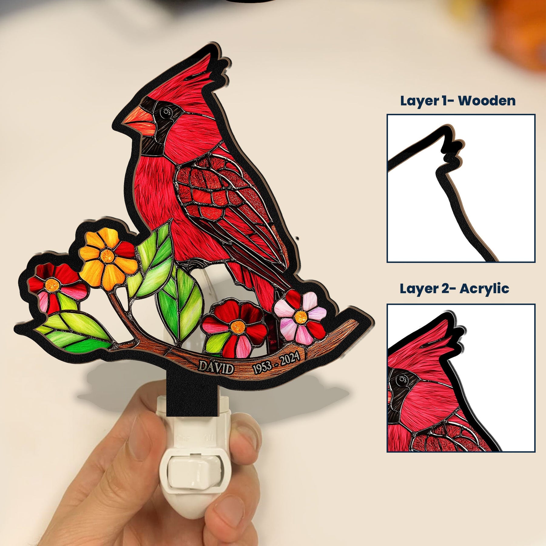 Cardinal Bird - Personalized Wood And Acrylic Night Light