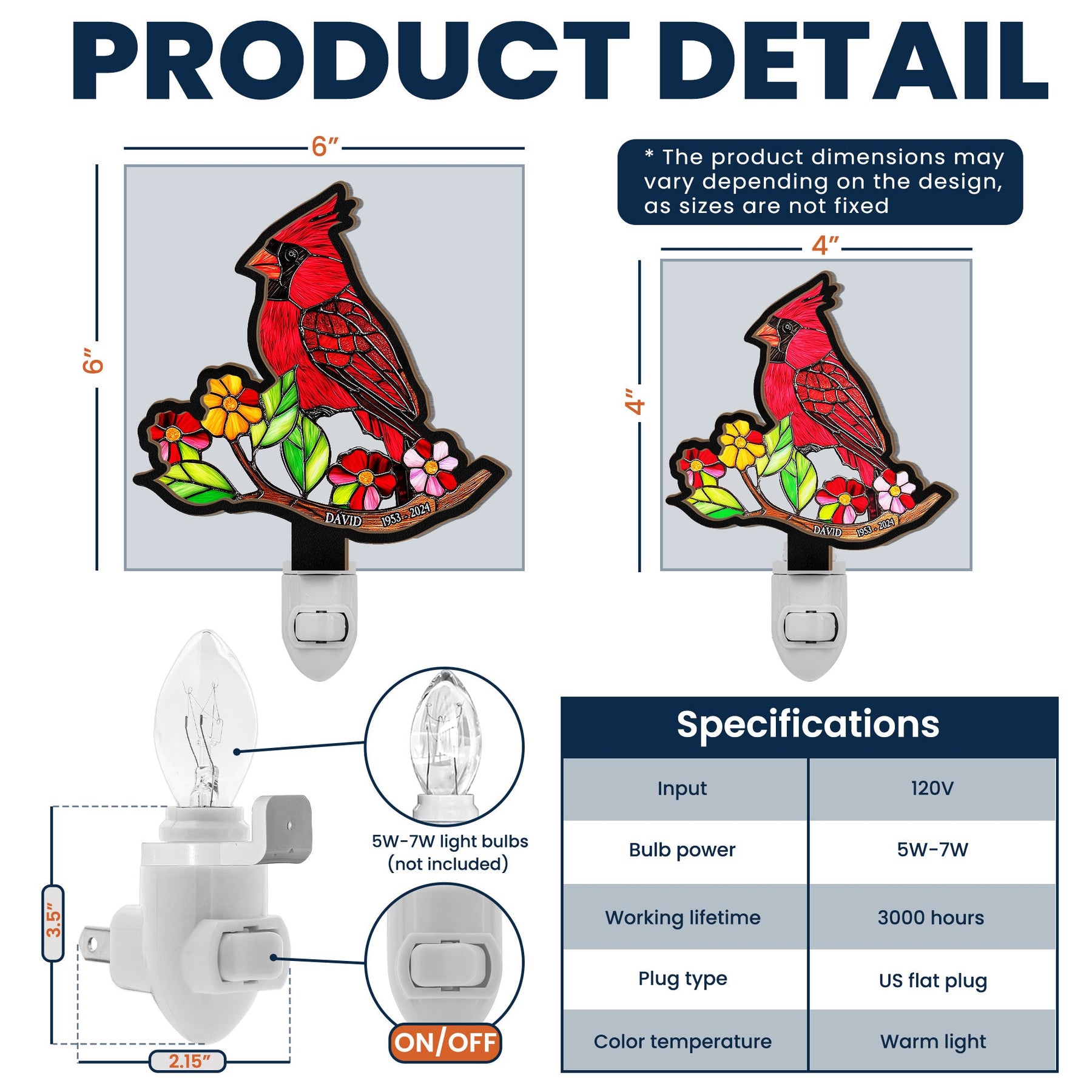 Cardinal Bird - Personalized Wood And Acrylic Night Light