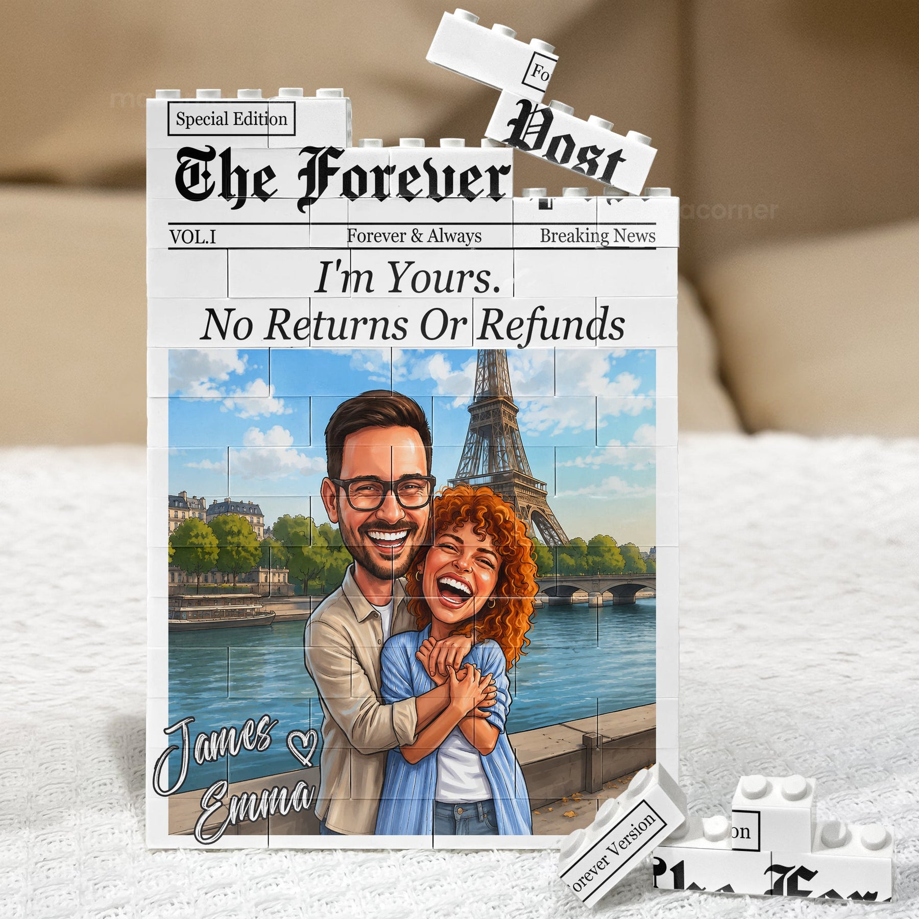 Caricature Your Photo Gift For Funny Couples, Anniversary Gift - Love Newspaper - Personalized Building Blocks